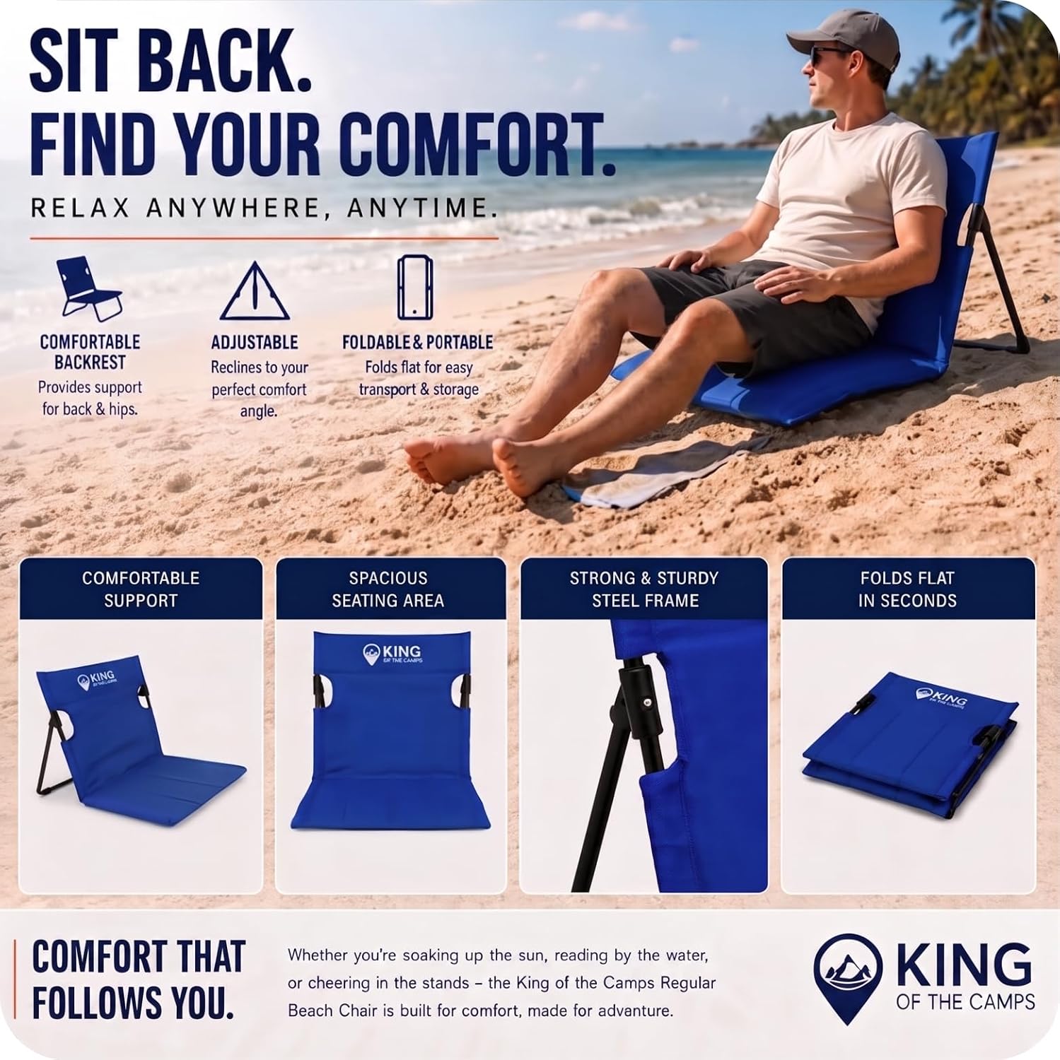 Folding Beach Chair - Short - Foldable Beach Chair with Back Support - Portable Beach Lounge Chair for Outdoor Seating - Outdoor Travel Backpacking Chair for Adults - Stadium Seats image 5