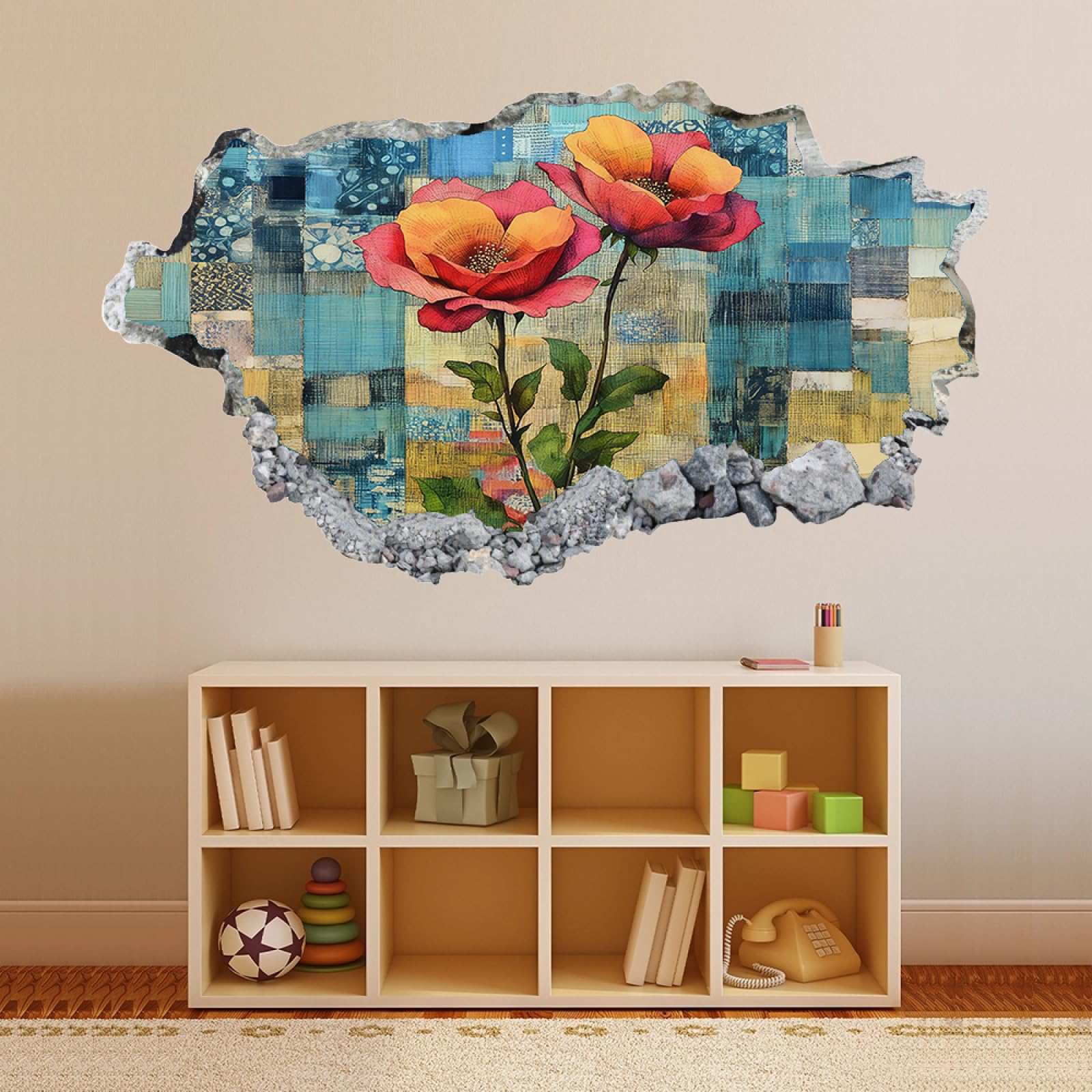 Vinilos Decorativos 3D Rotos Flor Retro Tatuaje de pared vinilo extraíble decoración del hogar Calcomanías impermeables para Guardería Habitación Decoración de pared 70x122cm