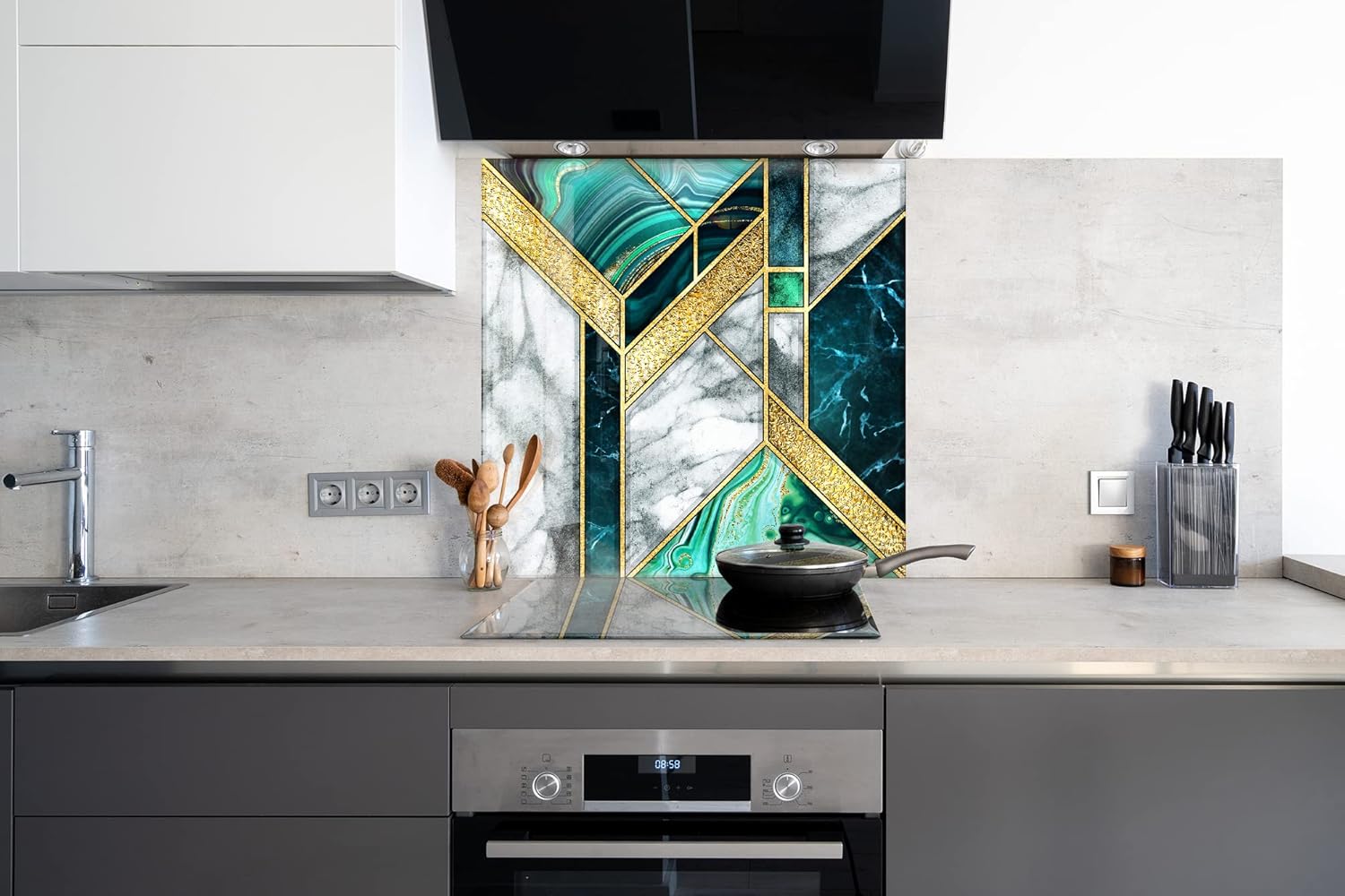 Myphotostation Green Marble Tempered Glass Backsplash 35.4Wx14H'' Abstract Splashback for Kitchen Wall Decor Bathroom Wall Protector Stove Backsplash Panel Tile Glass Splashback Kitchen Wall Decor