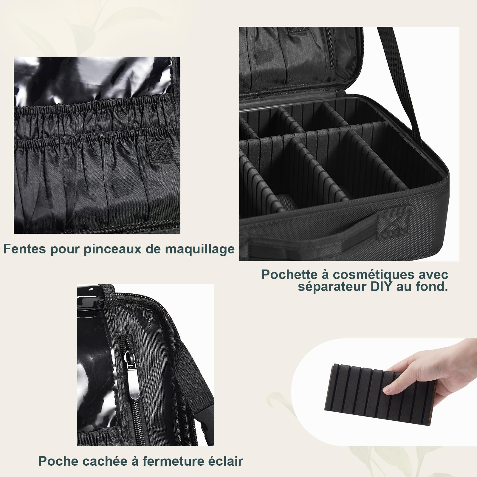 Trousse Maquillage Oxford Tissu Makeup Bag Sac Maquillage Femme Mallette à Ongles Rangement Organiseur Coiffure à Manucure Beauty Case de Voyage y Bandoulière Bijoux Boîte Professionnel, Noir