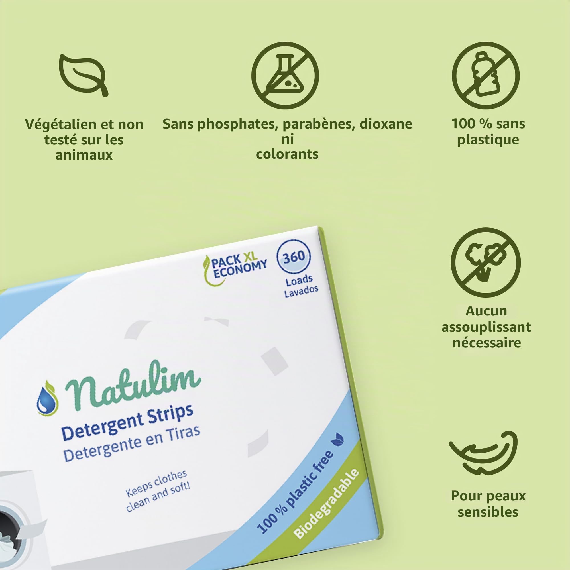 Natulim - Lessive en Feuilles pour machine à laver (360 lavages) - Effet adoucissant, Écologique, Hypoallergénique, Zero Déchet - Vêtement propre et doux (Sans parfum)