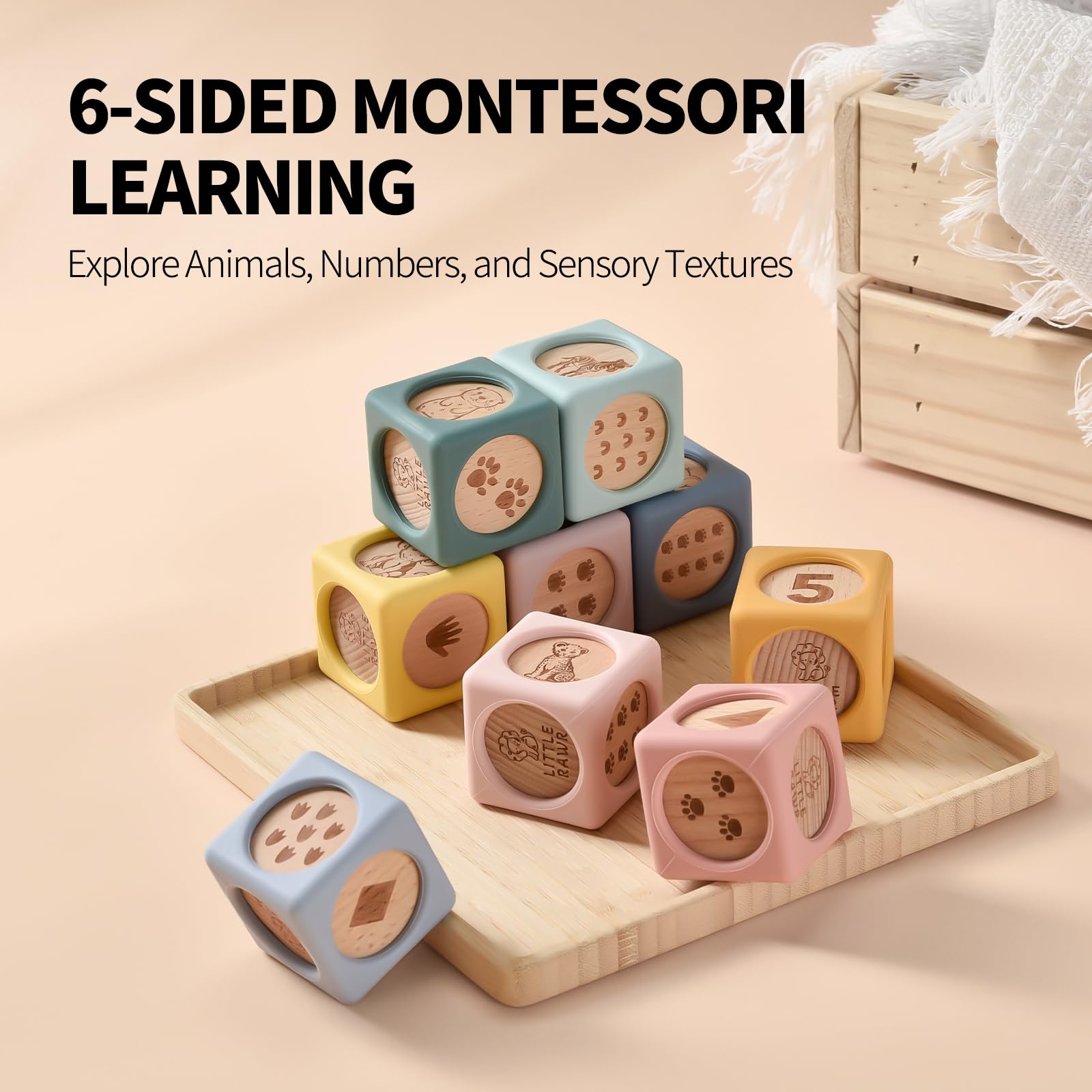 Little Rawr 9 bloques apilables de silicona para niños y madera, juguete de silicona de grado alimenticio con inserciones de madera natural, bloques Montessori masticables suaves para niños