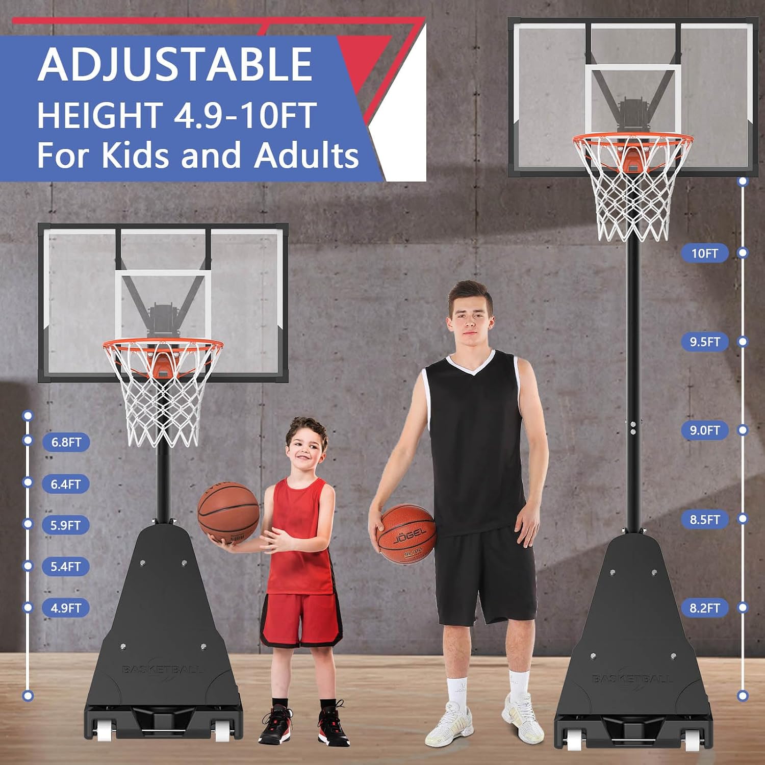 FAHKNS Portable Basketball Hoop Outdoor, Adjustable Height 5.5-10FT Basketball Goal with Heavy-Duty Steel Frame & Wheels, 44 Inch Backboard Basketball System for Driveway, Backyard