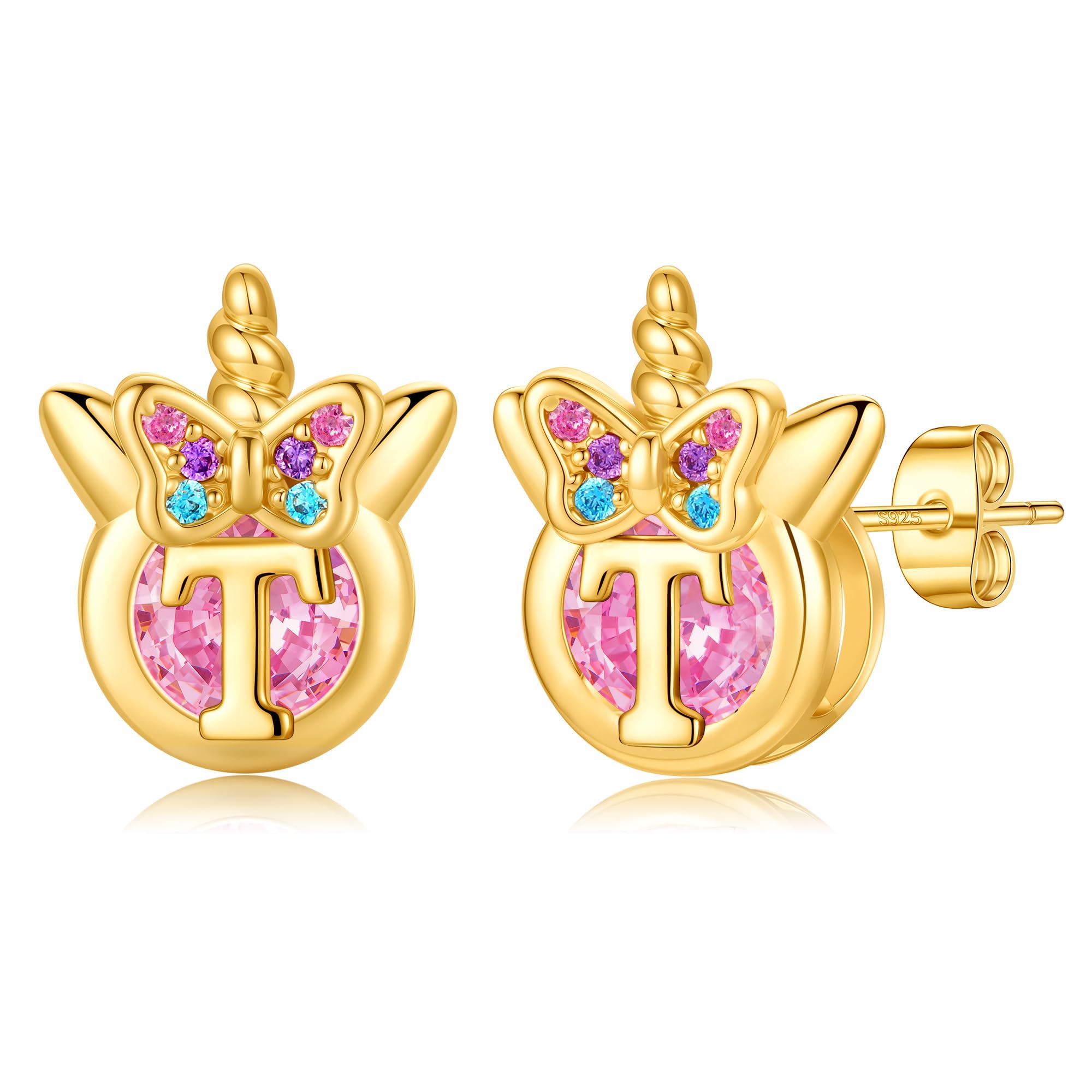 TINGN Einhorn Ohrringe für Mädchen Geschenke - Hypoallergene Bunte Regenbogen Rosa Zirkonia Buchstaben Ohrstecker Blumen Schmetterling Silber 925 Ohrringe Kinder Schmuck Geschenke für Mädchen Tochter