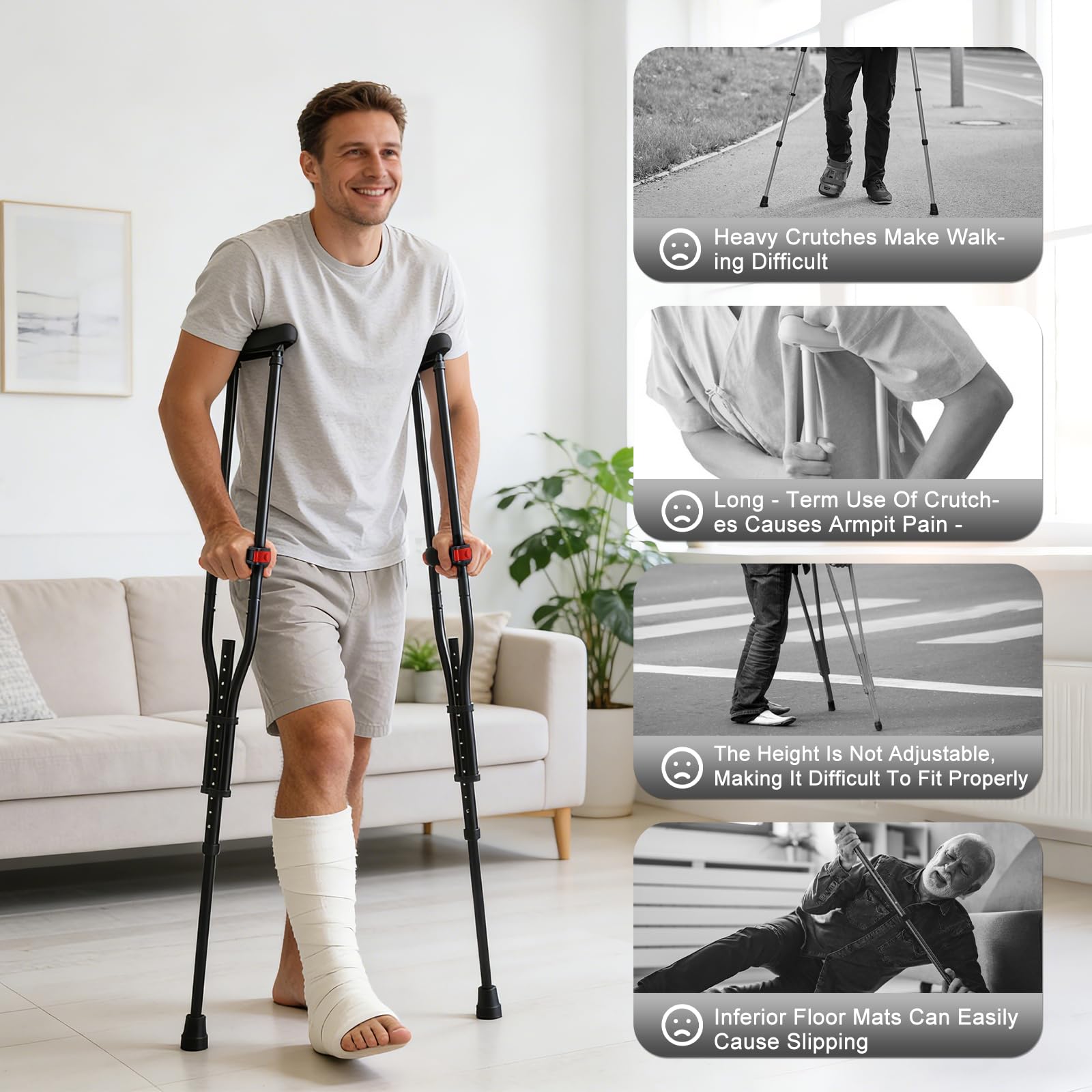Muletas Axilares 1 Par, Altura Ajustable 99-160cm, Muletas de Aluminio Plegables con Amortiguación, 19 Niveles Regulables, Soportan hasta 150kg,Almohadillas Antideslizantes para Adultos y Post-Cirugía