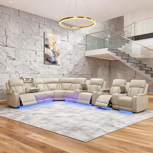 Miniatura 38 de Juego de sofá modular reclinable eléctrico para sala de estar, juego de sofá reclinable de cuero con luces LED / almacenamiento oculto, sofá en