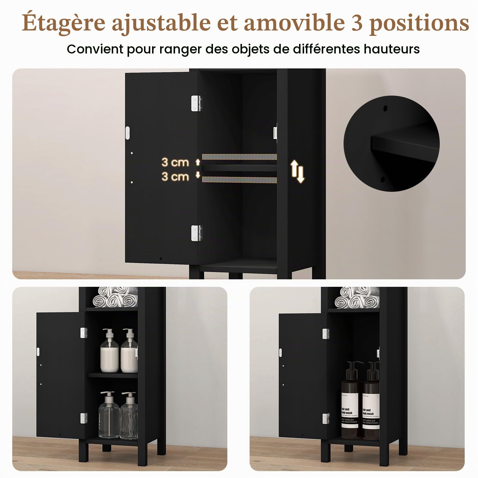 LIFEZEAL Meuble de Salle de Bain, Armoire sur Pied avec Compartiment Ouvert et Étagère Réglable, 30 x 30 x 80 cm, Style Moderne, Meuble de Rangement pour Salle de Bain, Salon, Cuisine (Noir)