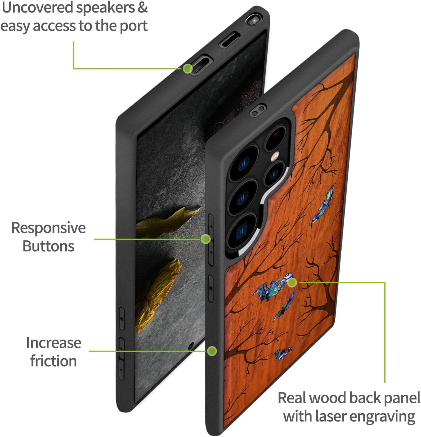 Carveit Magnetic Wooden Case for Samsung Galaxy S25 Ultra Case, Wood Artisan Engraved & Handmade Shell Inlaid, Compatible with MagSafe Wireless Chargers (Bats Amidst Moonlit Branches) Rosy