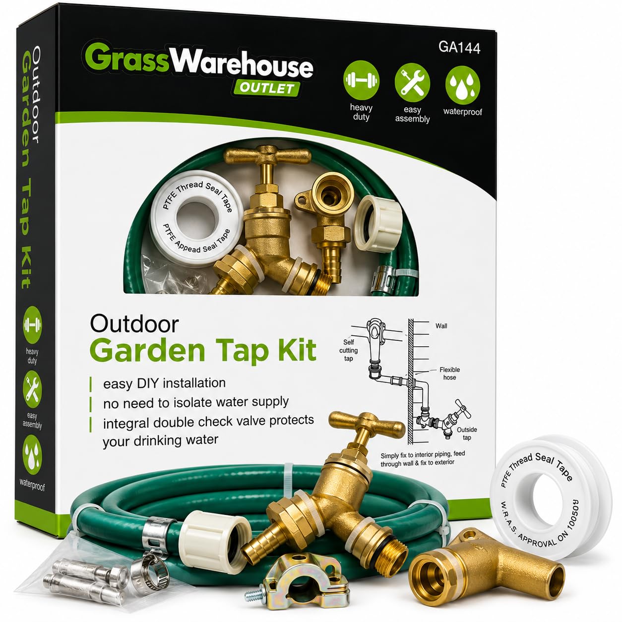Outdoor Garden Tap Kit with Self Cutting Indoor Tap, 1.5m Hose, Brass Outdoor Tap Connector, PTFE Tape, DIY Garden Hose Installation Kit, Double Check Valve, Heavy Duty Waterproof