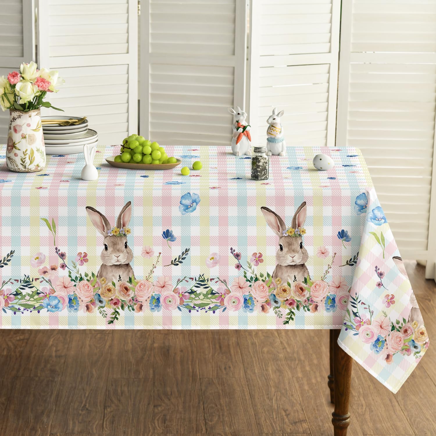 Artoid Mode BüffelKaro Hase Blumen Blätter Ostern Tischdecke 140x220 cm, Saisonnal Frühling Fleckschutz Tischwäsche Küche Dekoration Party Dekor