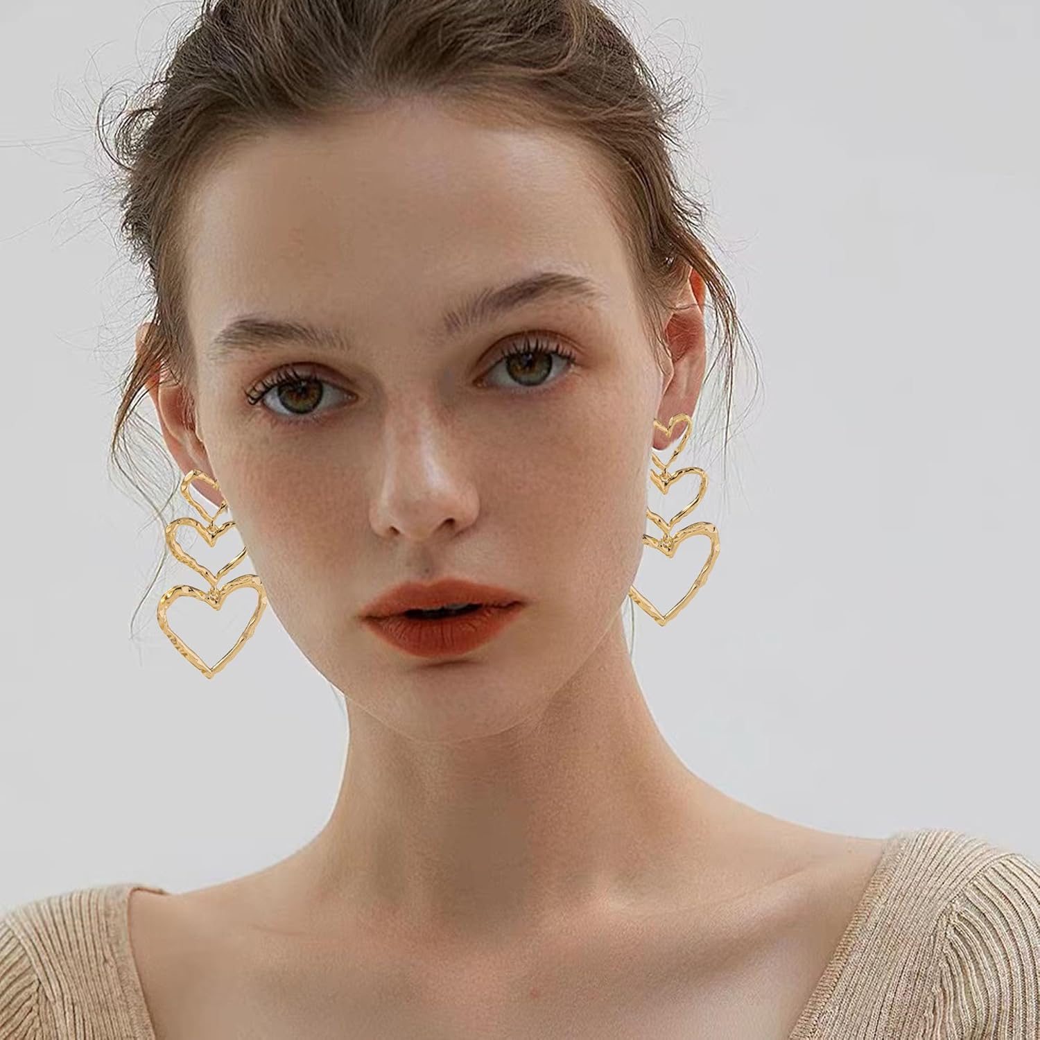 Anmpab Minimalist Three Hearts Stud Earring for Women Hollow Big Love Heart Drop Dangle Earrings Valentine Day Birthday Jewelry - Image 2