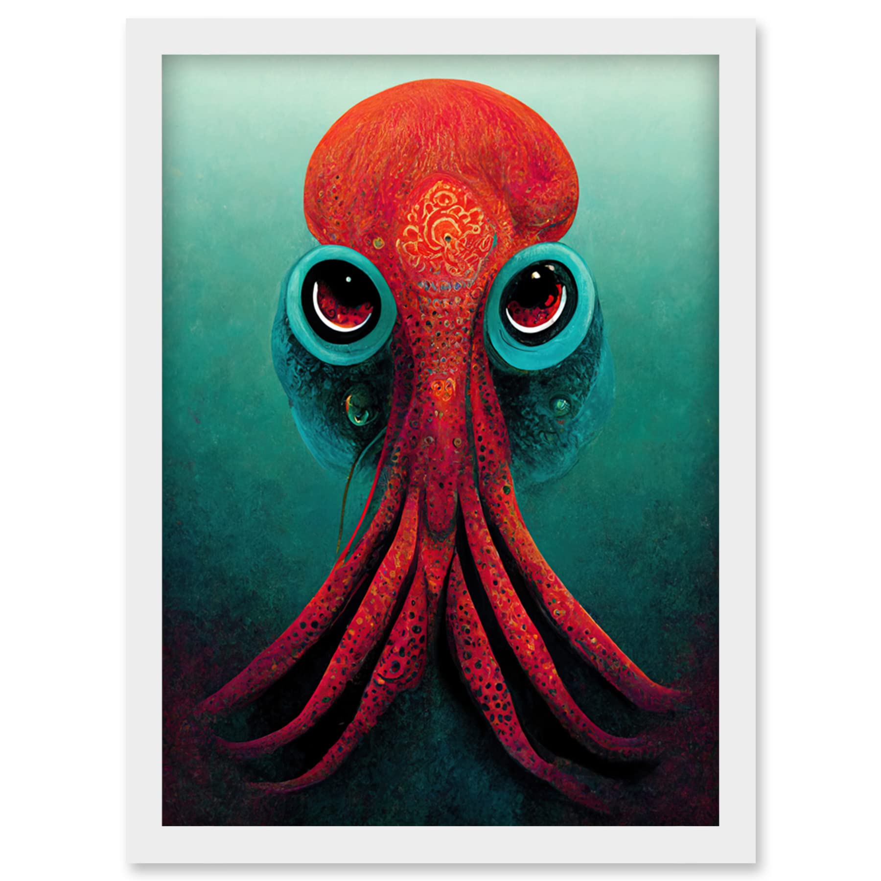 Doppelganger33 LTD Modern Vibrant Red & Teal Octopus Artwork Framed Wall Art Print A4