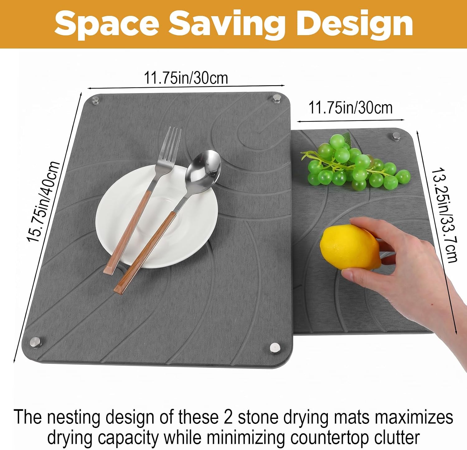 2 Pcs Stone Dish Drying Mat for Kitchen Counter Soapstone Drying Mat Set Diatomaceous Earth Dish Dryings Mats with Non Slip Feet Heat Resistant Fast Absorbing Dark Gray 15.7"(L)×11.8"(W)