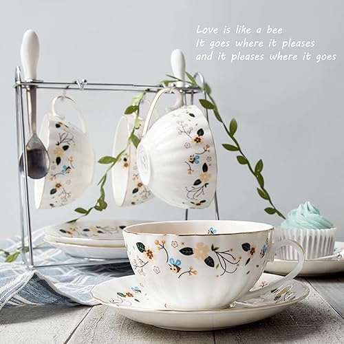Miniatura 3 de BigNoseDeer Regalos para mujeres, tazas de té y platillos de porcelana, taza de café con leche, taza de capuchino, lindo juego de tazas de café con