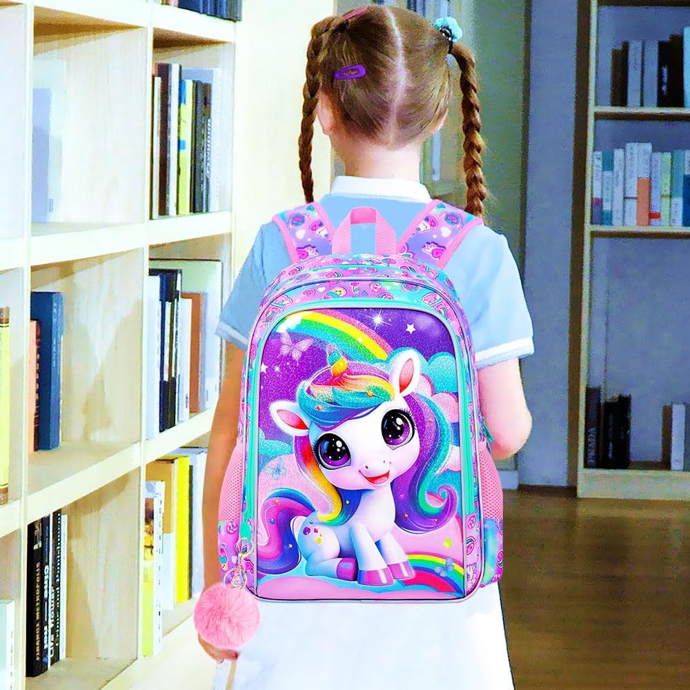 3Pcs Unicorn Backpack for Girls, 16" School Backpacks Set for Elementary Preschool Kindergarten, Kids Bookbag with Lunch Box(Pink) - Image 9