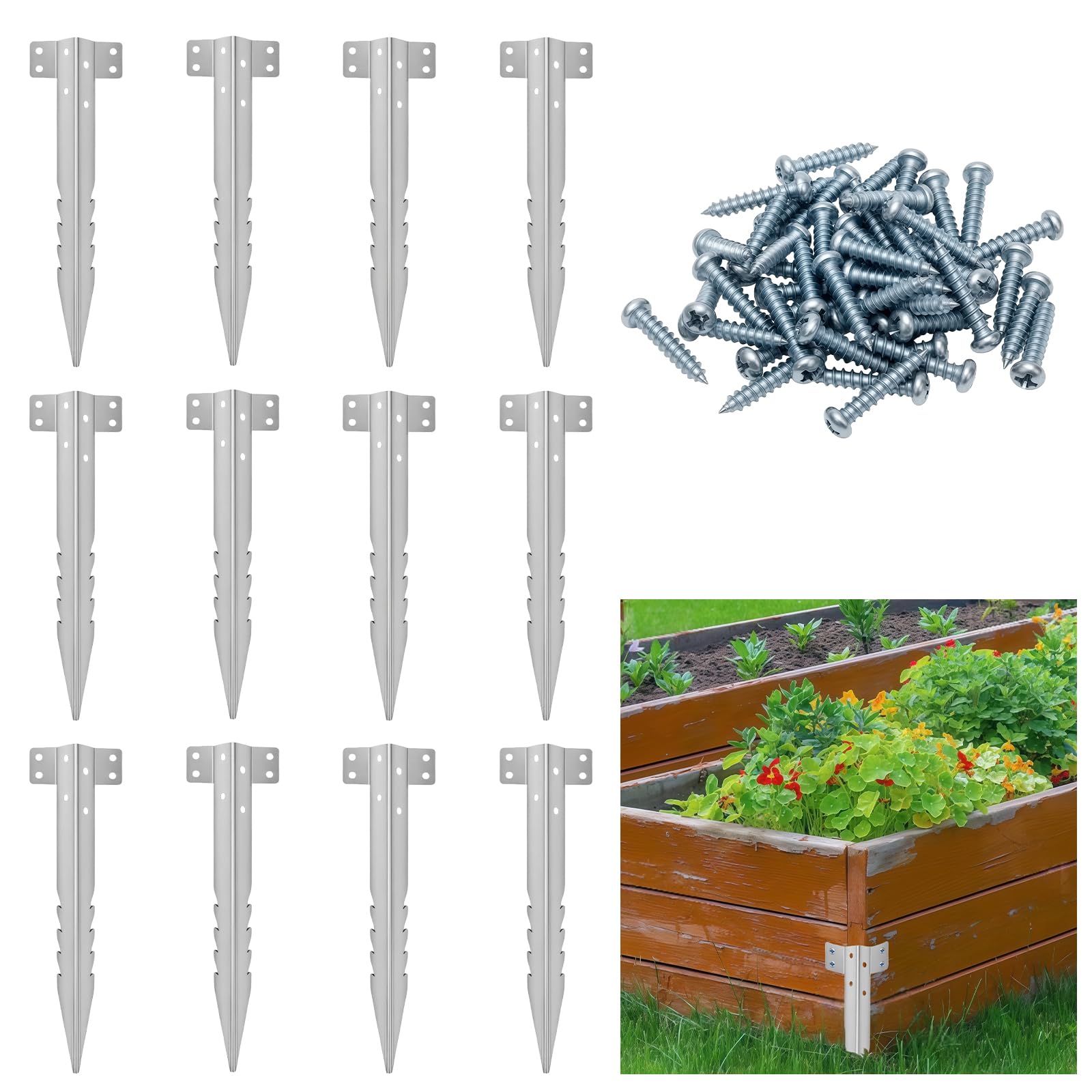 Lot de 12 supports de traverse ferroviaire – Piquets robustes en acier galvanisé avec design dentelé – Facile à installer pour les dormeurs de jardin, les plates-bandes surélevées, les