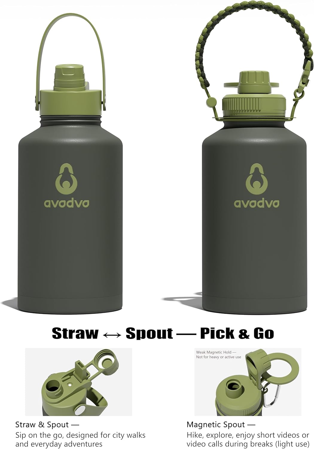 64 oz Water Bottle with 2 Lids (2-in-1 Straw & Spout Lid, Magnetic Lid), Insulated Water Bottle with Strap, Stainless Steel Water Bottle for Hiking, Gym, Travel, BPA-Free, Army Green