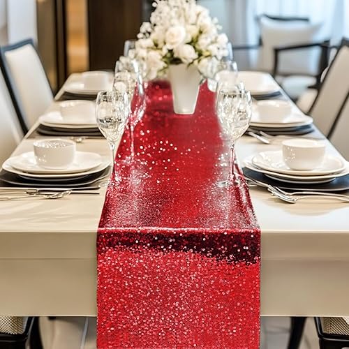 Miniatura 8 de OQSC Camino de mesa de lentejuelas rojas, 10 piezas de 12 x 72 pulgadas, camino de mesa con purpurina para fiesta, boda, decoración de bautismo de