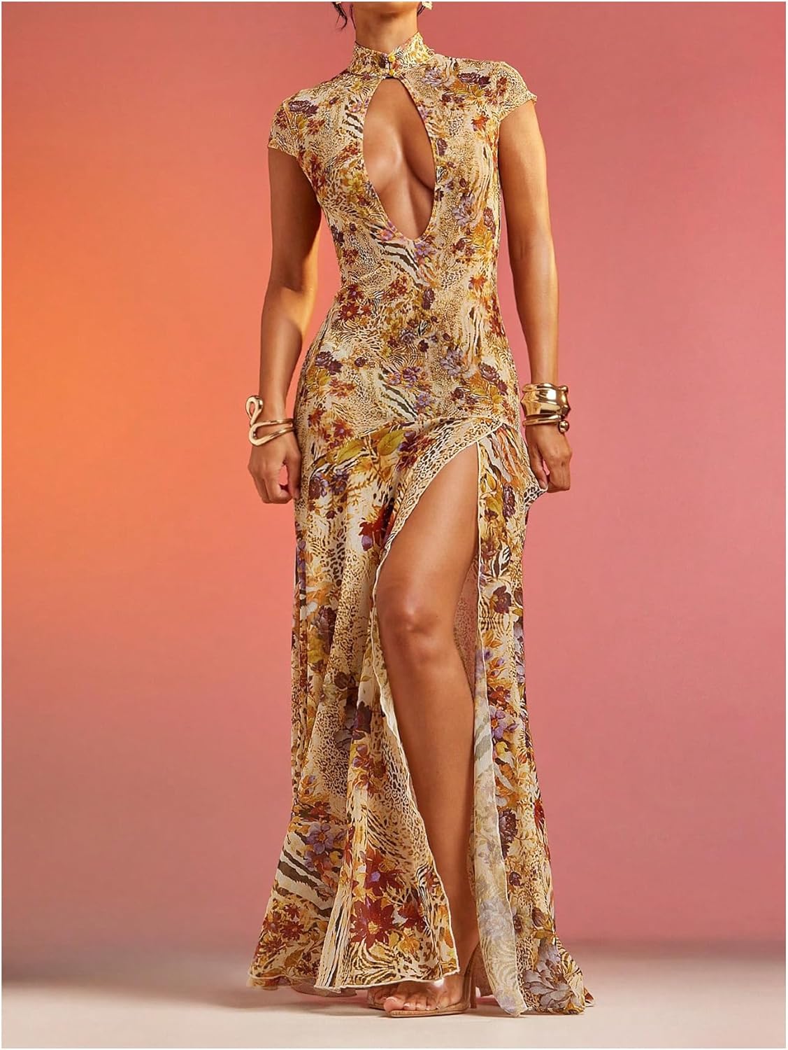 WDIRARA Women's Floral Animal Print Maxi Dress See Through Mock Neck High Split Ruffle Long Dress - Image 3