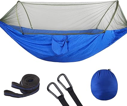 Hammock with Net Lightweight Portable Single Double Hammock Swing Sleeping Bed Outdoor Picnic Hiking Camping Backpacking Travel Backyard Beach Easy to Install Setup Blue