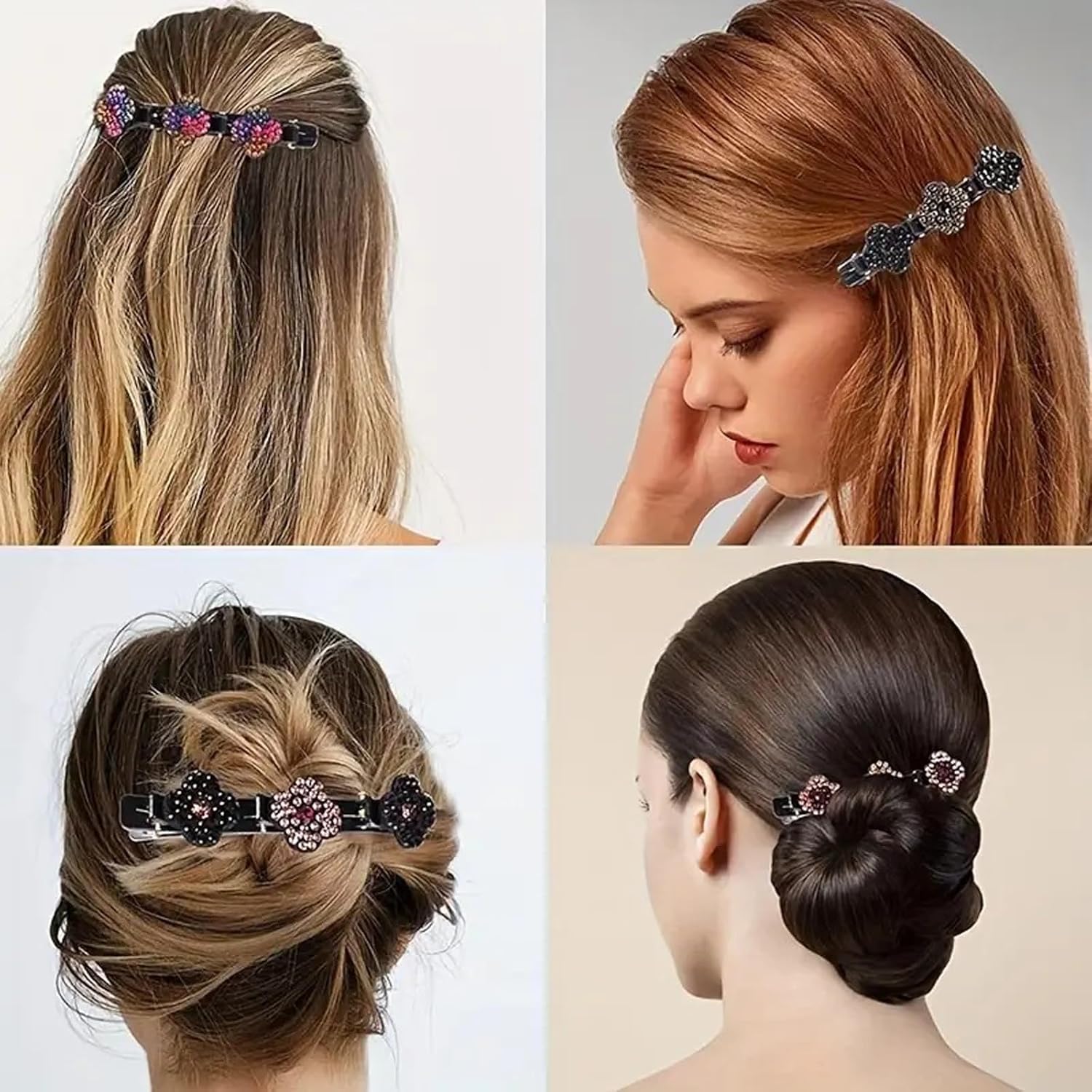 Newnewlooks Sparkling Crystal Stone Braided Hair Clips, 4pcs Rsvelte Triple Braided Hair Clips with 3 Small Clips for women, Small Rhinestone Hair Braid Clips (E)