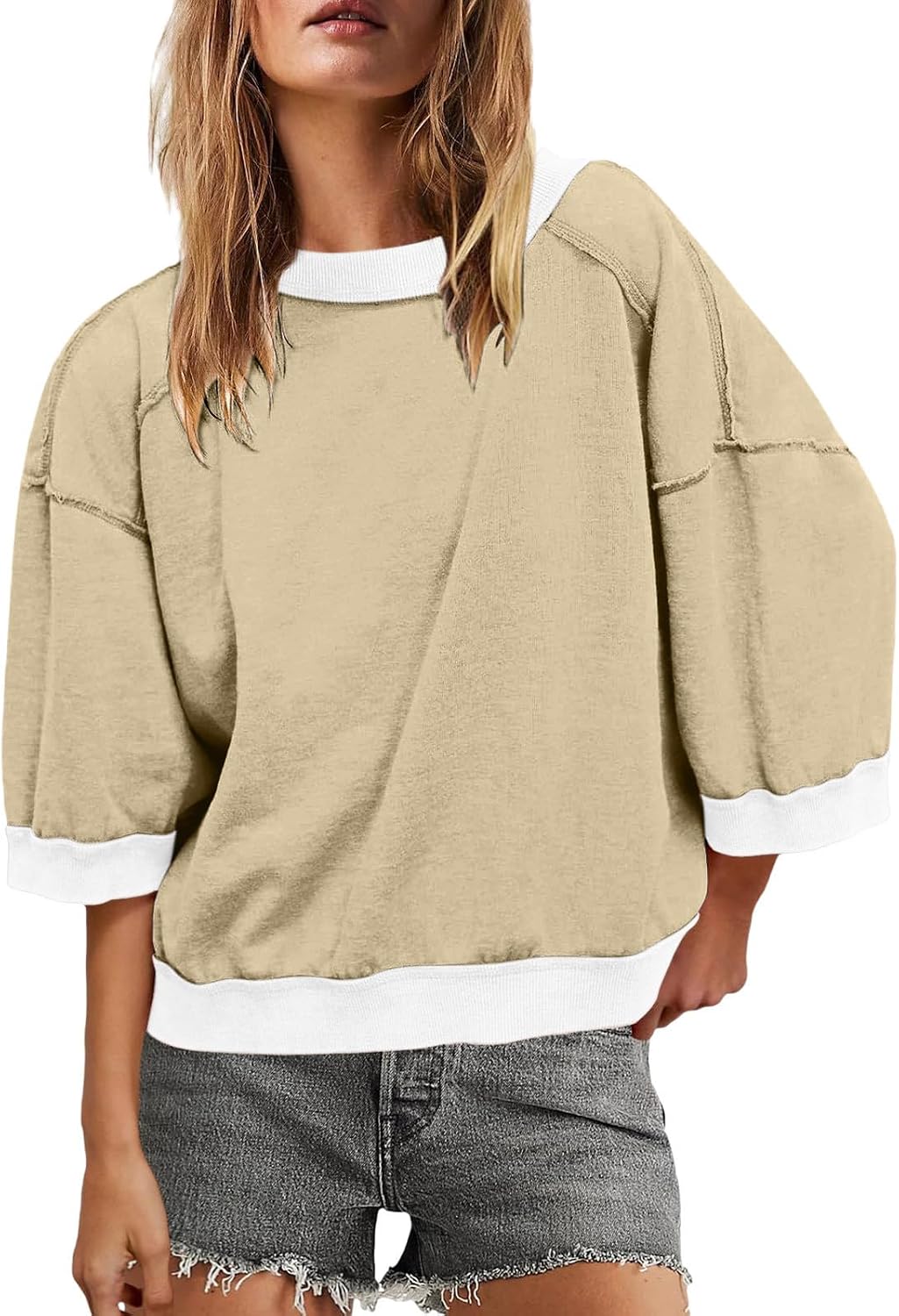 Womens Causal 3/4 Sleeve Lightweight Sweatshirts Oversized Crewneck Color Block Loose Shirts Fall Pullover Tops