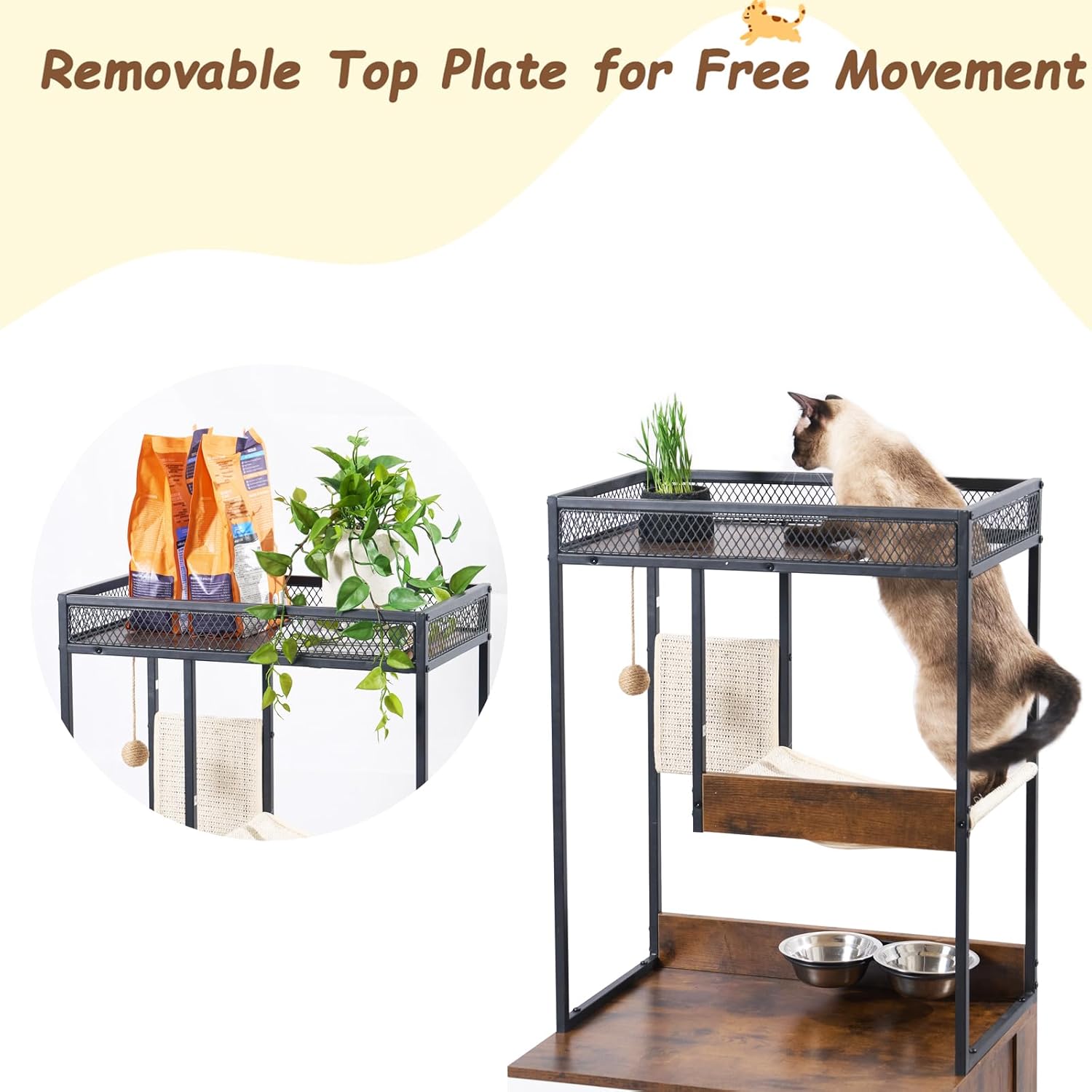 Cat Litter Box Enclosures with Storage Shelves，3 Level Cat Tree Tower with Elevated Cat Feeding Bowl,Hidden Cat Washroom,Cat Condo for Living Room，Brown