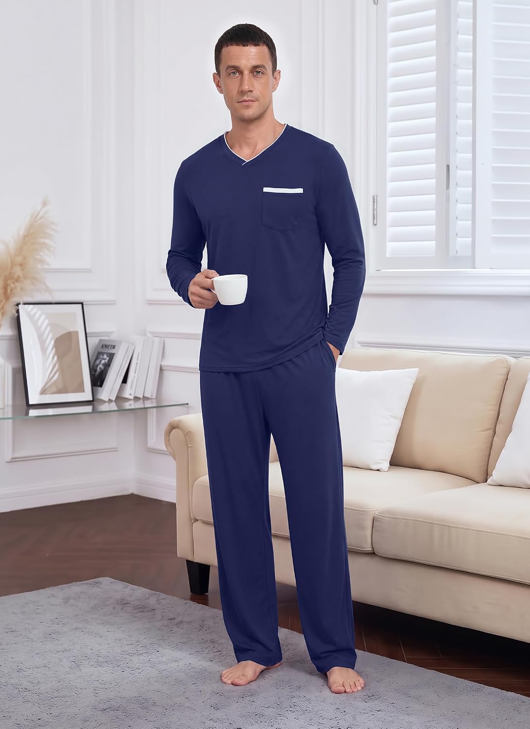 RQP Men's Long Sleeve Pajama Set Soft Stretch Sleepwear with Pockets