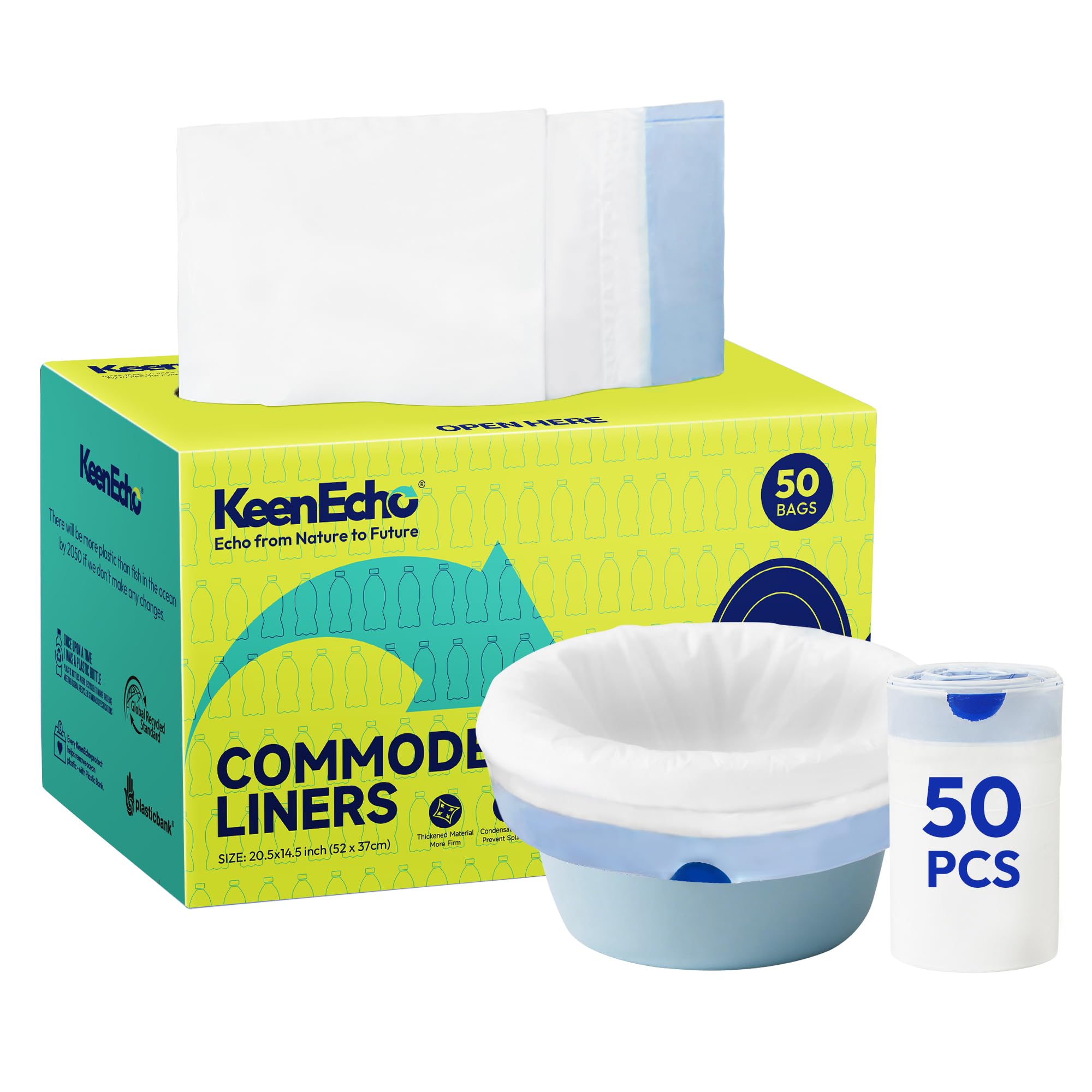 KeenEcho Bedside Commode Liners for Commode Toilet Chair, 50 Packs Unscented Potty Liners Portable Toilet Bags, Recycled Ocean Waste Camping Toilet Bags