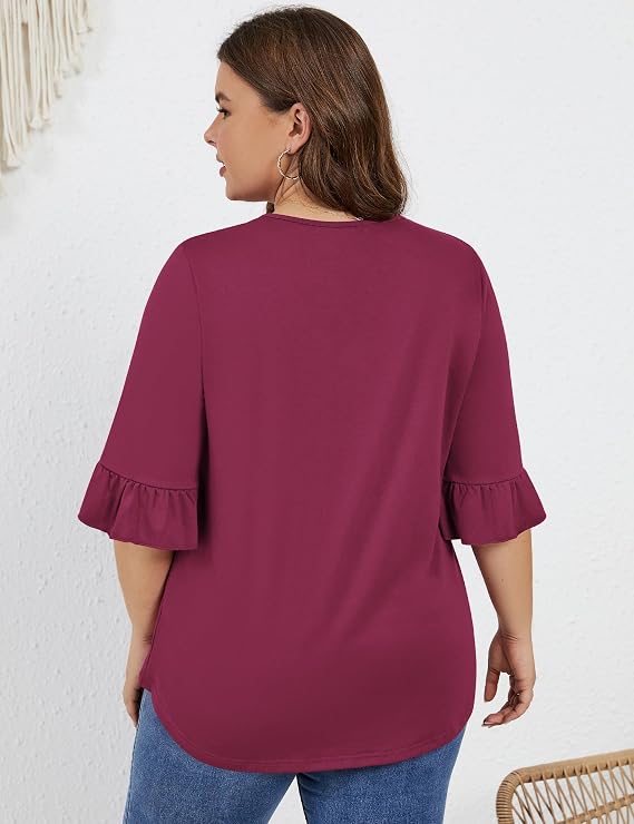 Micoson Women's Plus Size V Neck 3/4 Sleeve Ruffle Tunic Top, 1X-5X