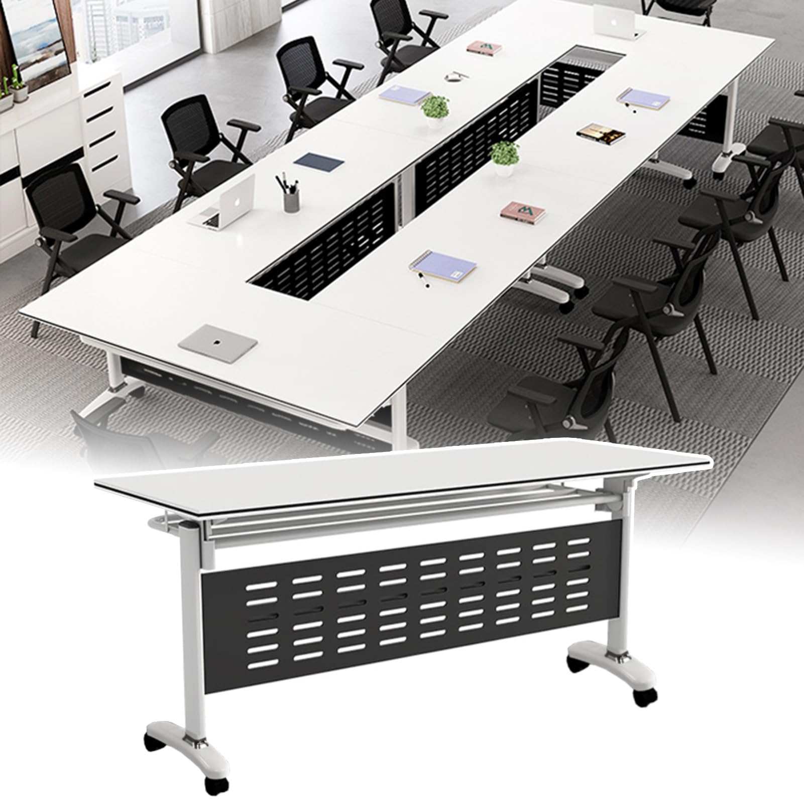Mesa de Reuniones Mobile Foldable Conference Table, Save Space Rolling Meeting Table with Locking Wheels, Meeting/Training Table for Classroom or Office(White,140x40x75cm)