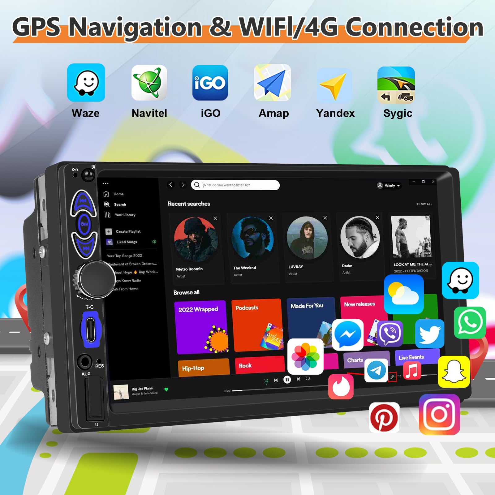 Double Din avec CarPlay/Android Auto sans Fil, 4+64 Go, 2 din, écran Tactile Android 7 Pouces, Navigation GPS, Bluetooth, FM/AM/RDS, WiFi, écran partagé + caméra de recul
