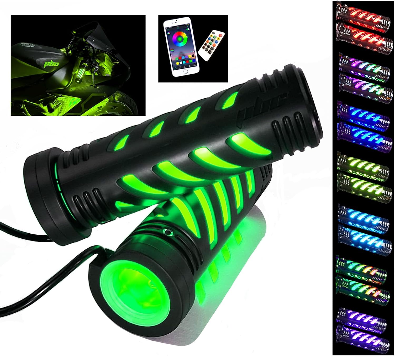 Saberz Multi-Color RGB LED Motorcycle Grips for 7/8″ & 1″ Bars – Sports Bike, Harley Davidson, Cruisers, Groms – Customize Hundreds of Colors with Remote and Phone App Included.