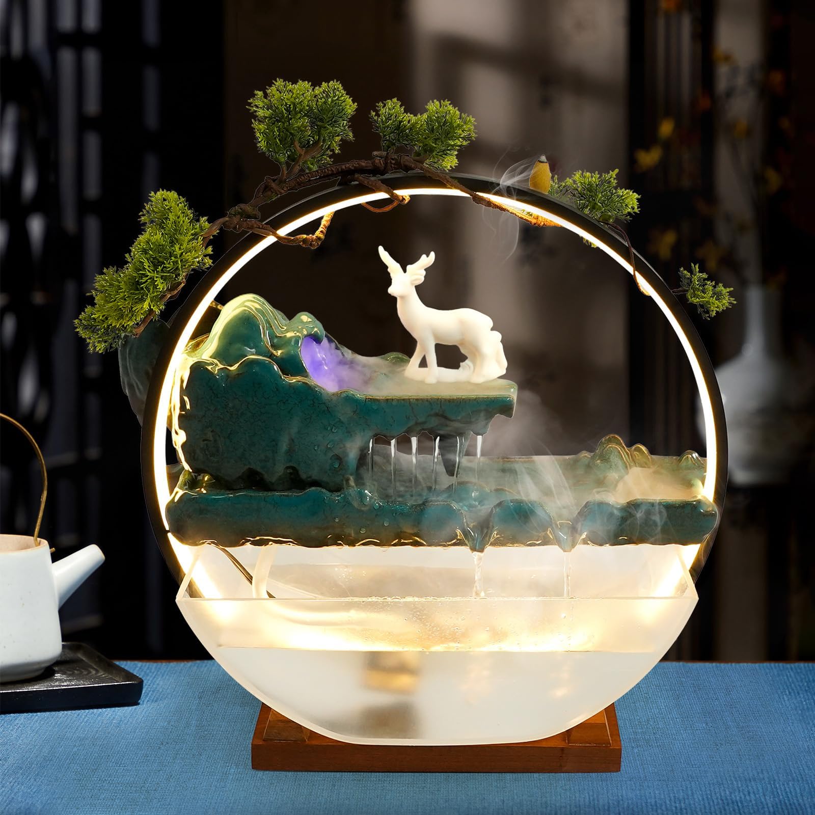 Large Modern Desktop Fountain with Atomizer & Fish Tank, Indoor Waterfall for Living Room, Office, Bedroom Decoration, Relaxing Table Top Fountain with LED Light