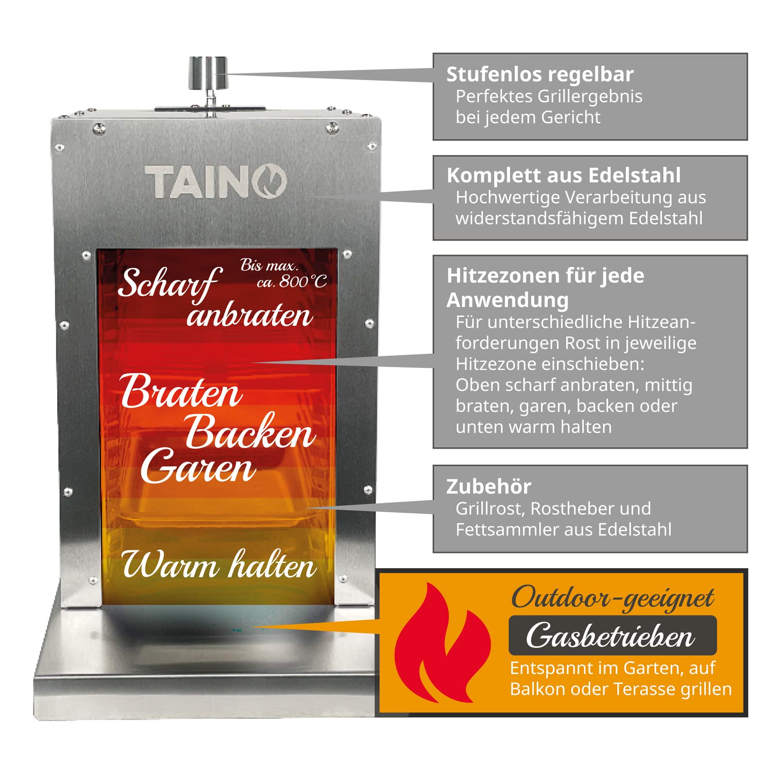 TAINO Oberhitzegrill 800 Grad Hochleistungsgrill Gasbetrieben