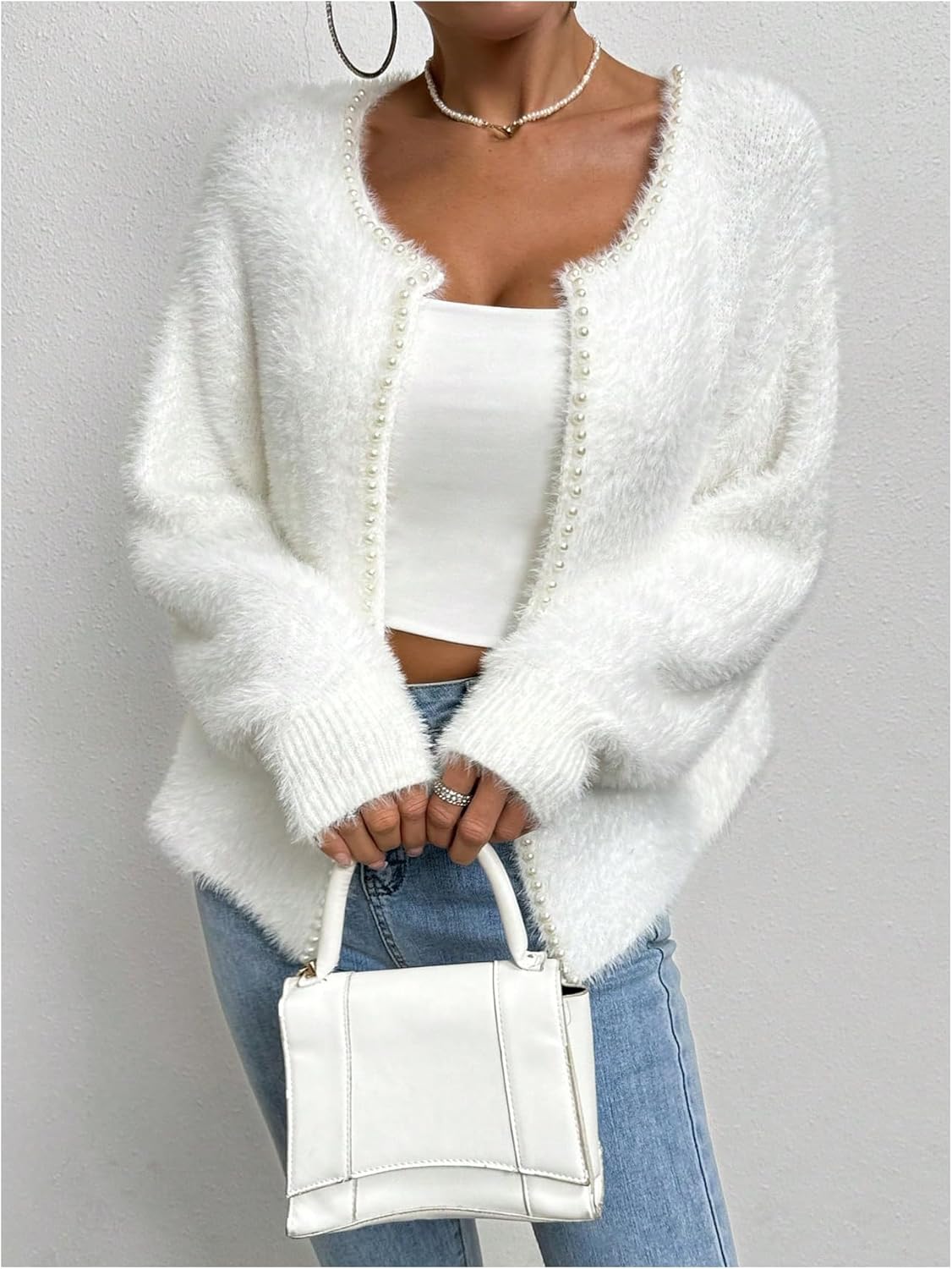 MakeMeChic Women's Faux Fur Pearl Fuzzy Cardigan Sweater Open Front Long Sleeve Outerwear - Image 2