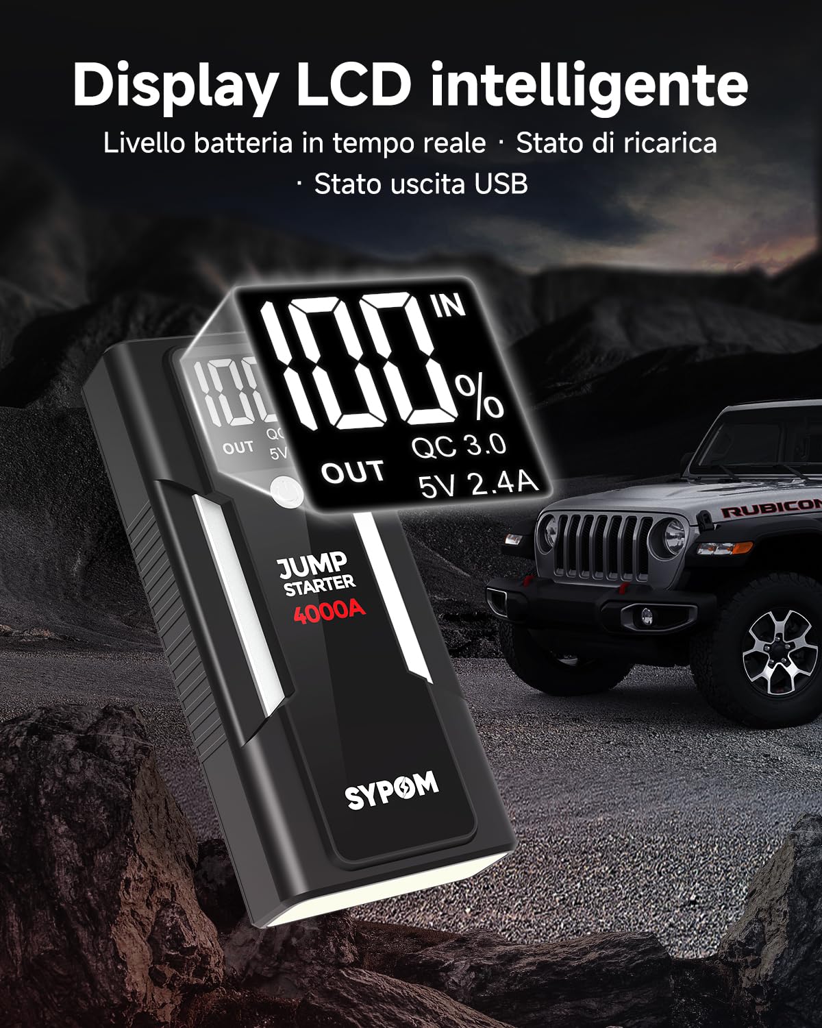 Avviatore di emergenza SYPOM, avviatore di emergenza per batteria dell'auto con picco di 4000A (per tutti i tipi di gas o fino a 10L di gasolio), pacco batteria di avviamento per auto portatile