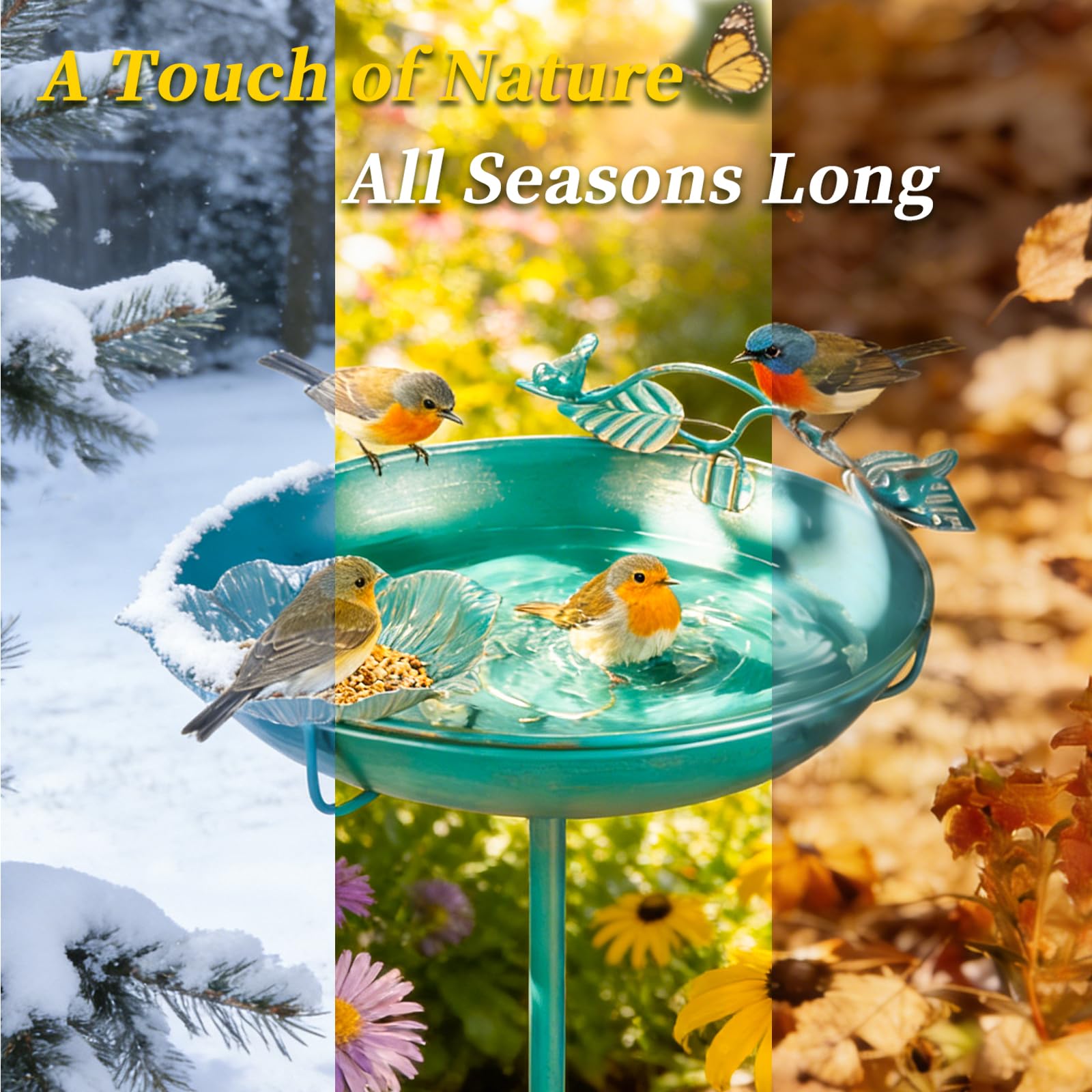 Mellbree Metal Bird Bath for Outside, 12" Dia 39" H Lake Blue with Gold Gilding, Freestanding with Perch & Feeder Bowl, Multi-Functional for Garden Patio Yard Lawn Outdoor Decor - image 4