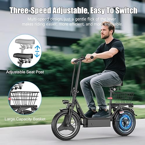 Miniatura 6 de Patinete eléctrico para adultos, motor de 500 W, 20-25 MPH y 20-30 millas de largo alcance, scooter eléctrico plegable de 14 pulgadas con asiento y