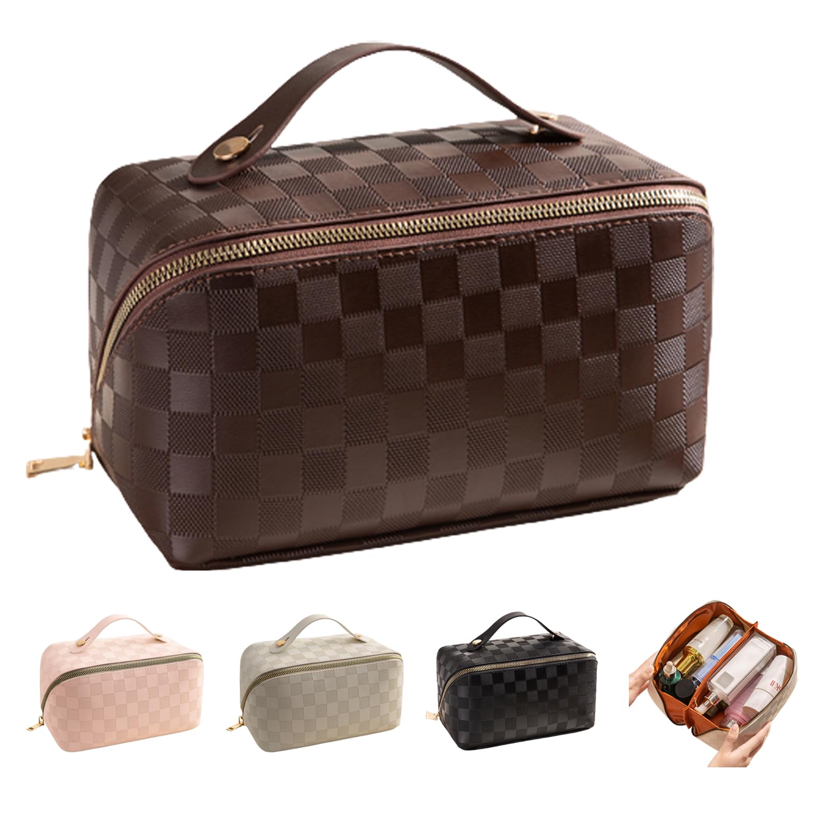 PU Leather Waterproof Multifunctional Makeup Organizer - Large Capacity Travel Cosmetic Bag With Handle - Plaid Checkered Makeup Bag (Brown)