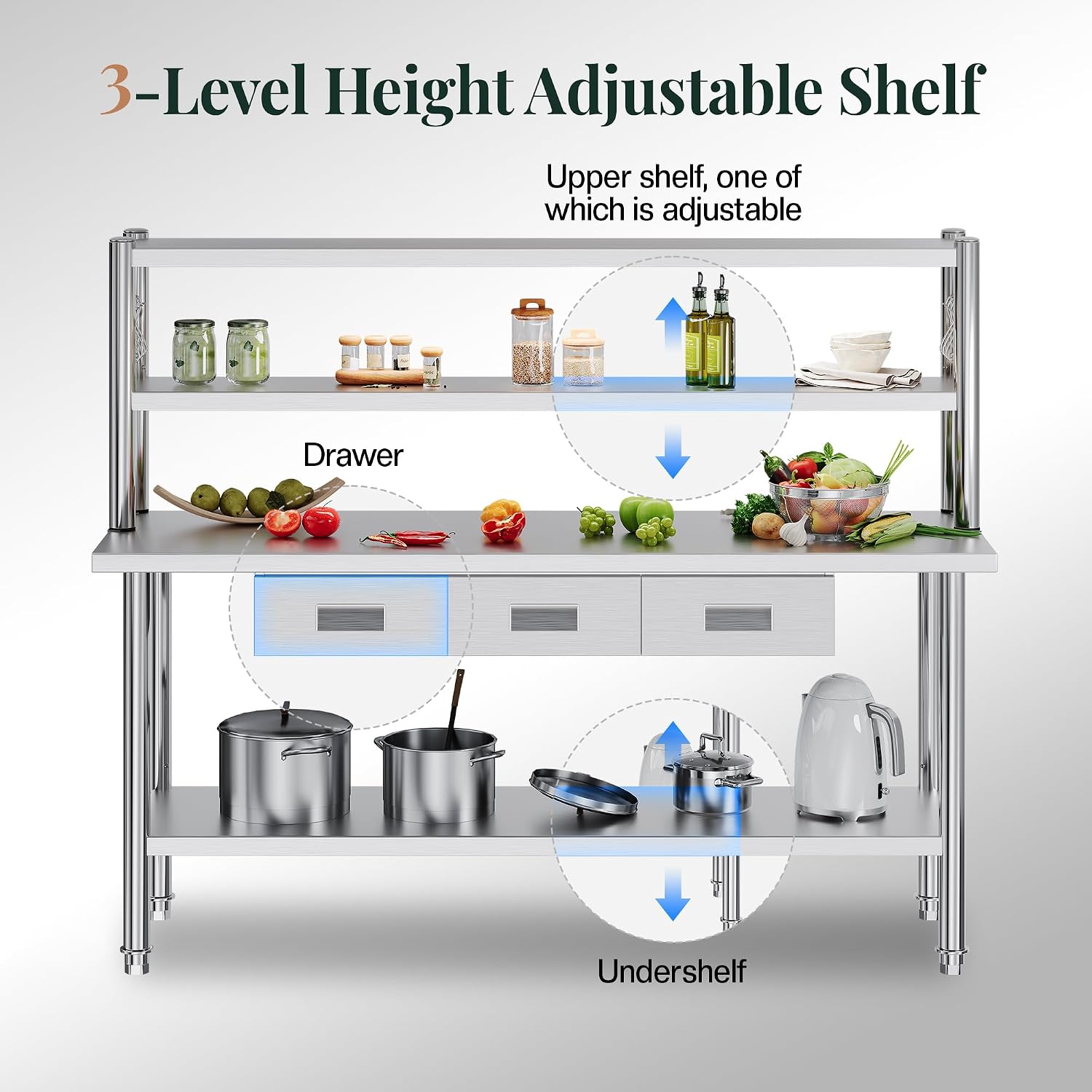 72"x24" Stainless Steel Work Table with Overshelves, 2/3 Drawers, Adjustable Shelf & Hooks, NSF-Certified Heavy-Duty Prep Station for Commercial Kitchen, Restaurant, or Garage