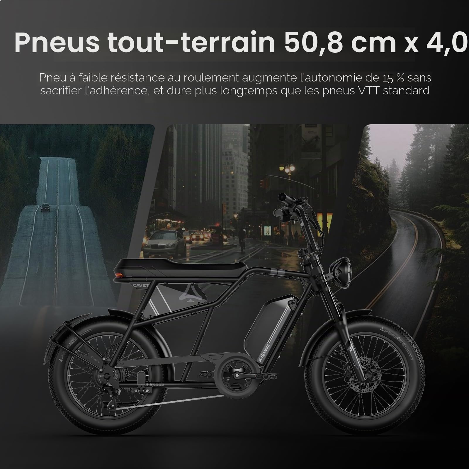 Cavet Air Vélo Électrique Fat Bike 20" 48V 250W 15,6Ah 7 Vitesses Double Siège Écran TFT