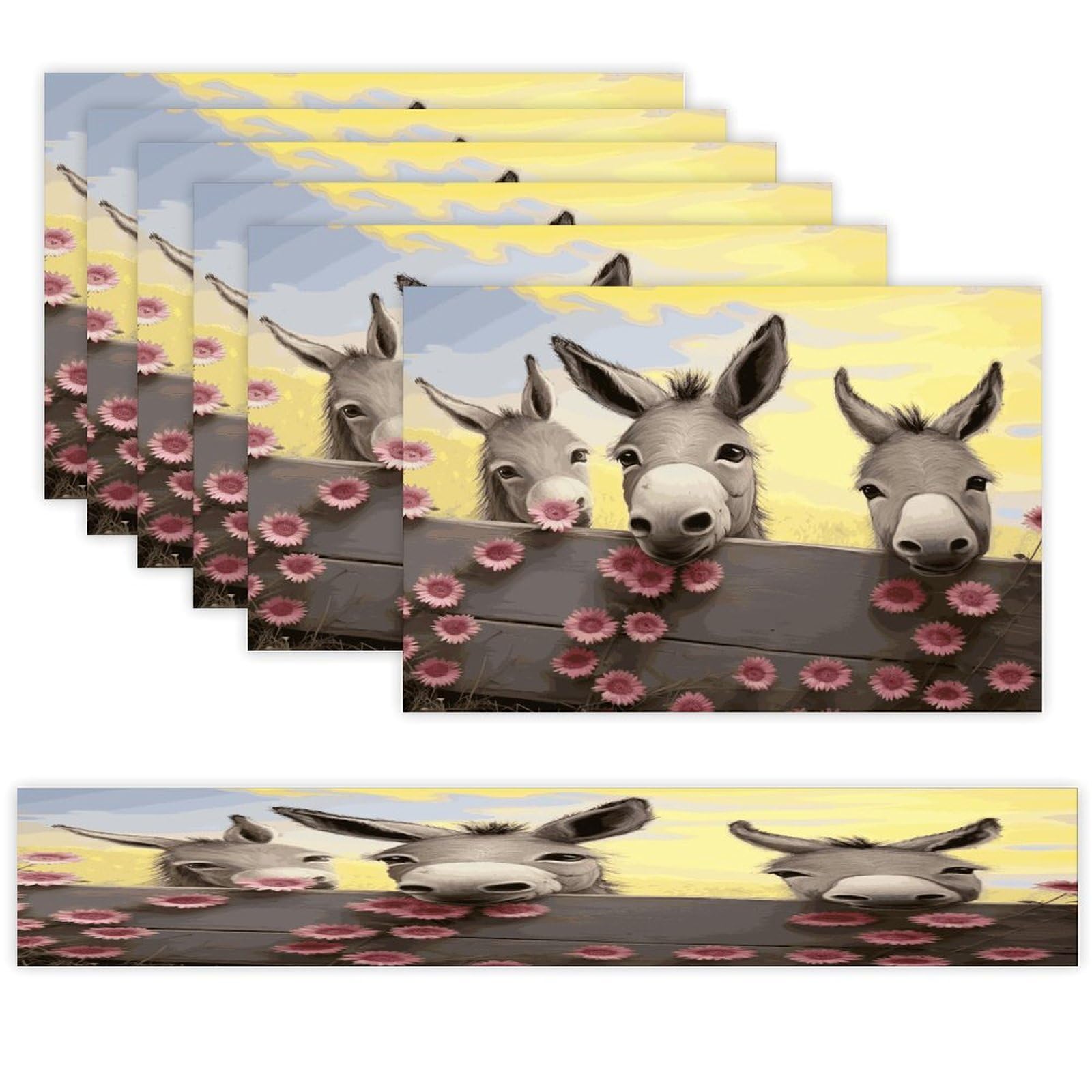 Donkey and Flower Table Runner and Placemats Set of 7 Linen Table Mat Non-Slip Place Mats Washable Placemat Heat Resistant Place Mat with Table Runner for Party Dining Decor