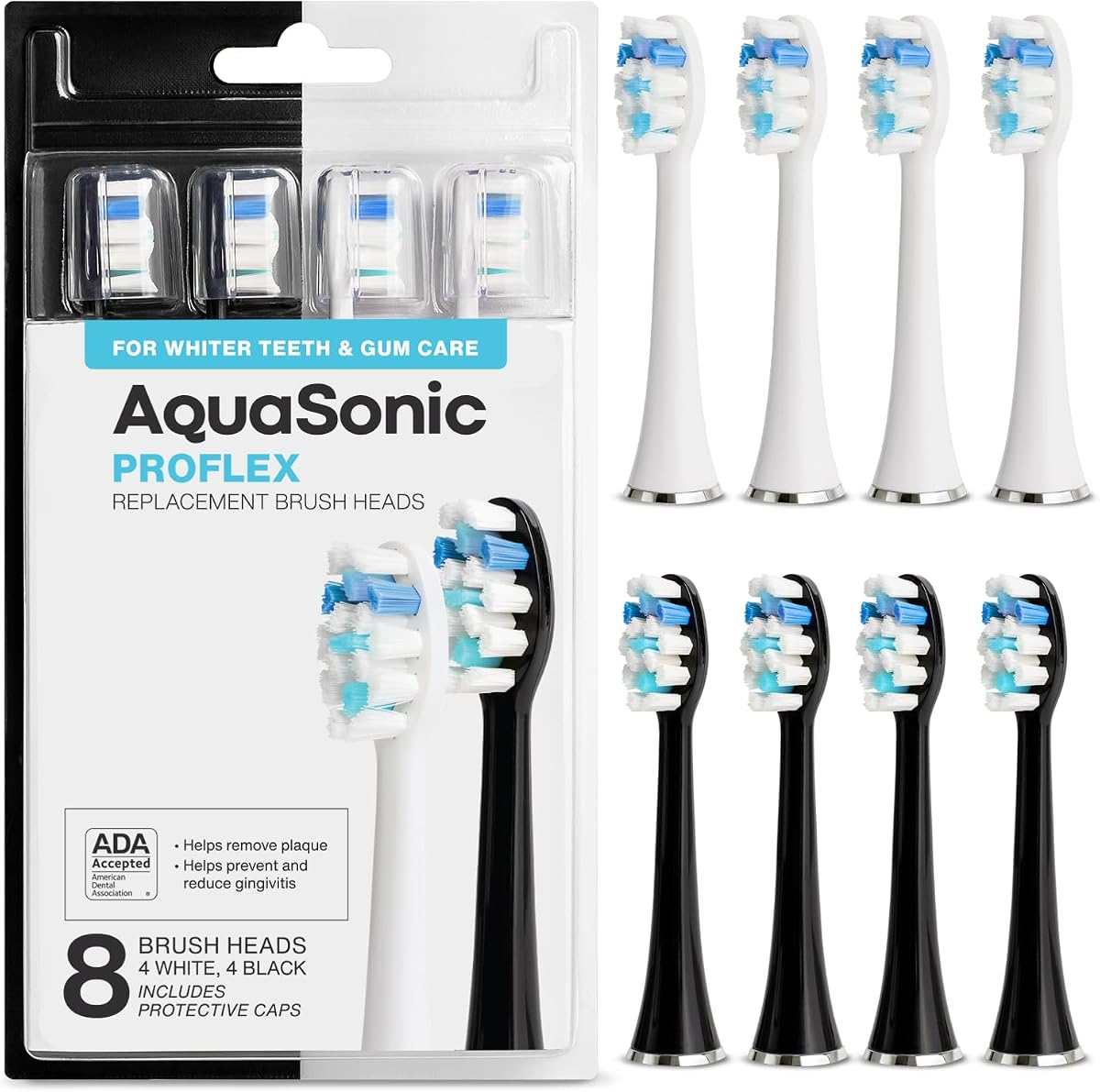 Genuine Proflex Replacement Brush Heads | ADA Accepted | for Whiter Teeth & Gum Care | Compatible with Duo Series PRO and Others (8 Pack Black & White)