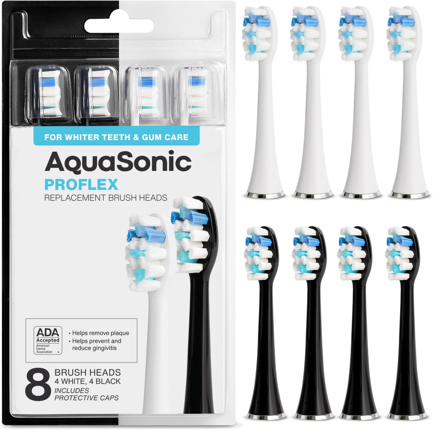 AquaSonic Genuine Proflex Replacement Brush Heads | ADA Accepted | for Whiter Teeth & Gum Care | Compatible with Duo Series PRO and Others (8 Pack Black & White)