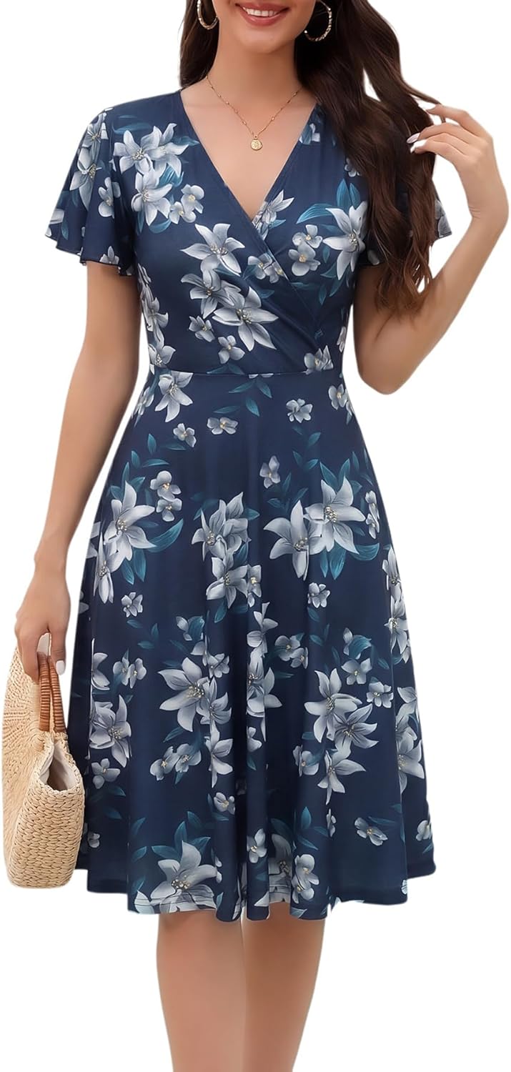 Women's Summer Dress 2026 Vintage Casual Office Professional Elegant Work V Neck A Line Knee Length Dresses with Pockets 560