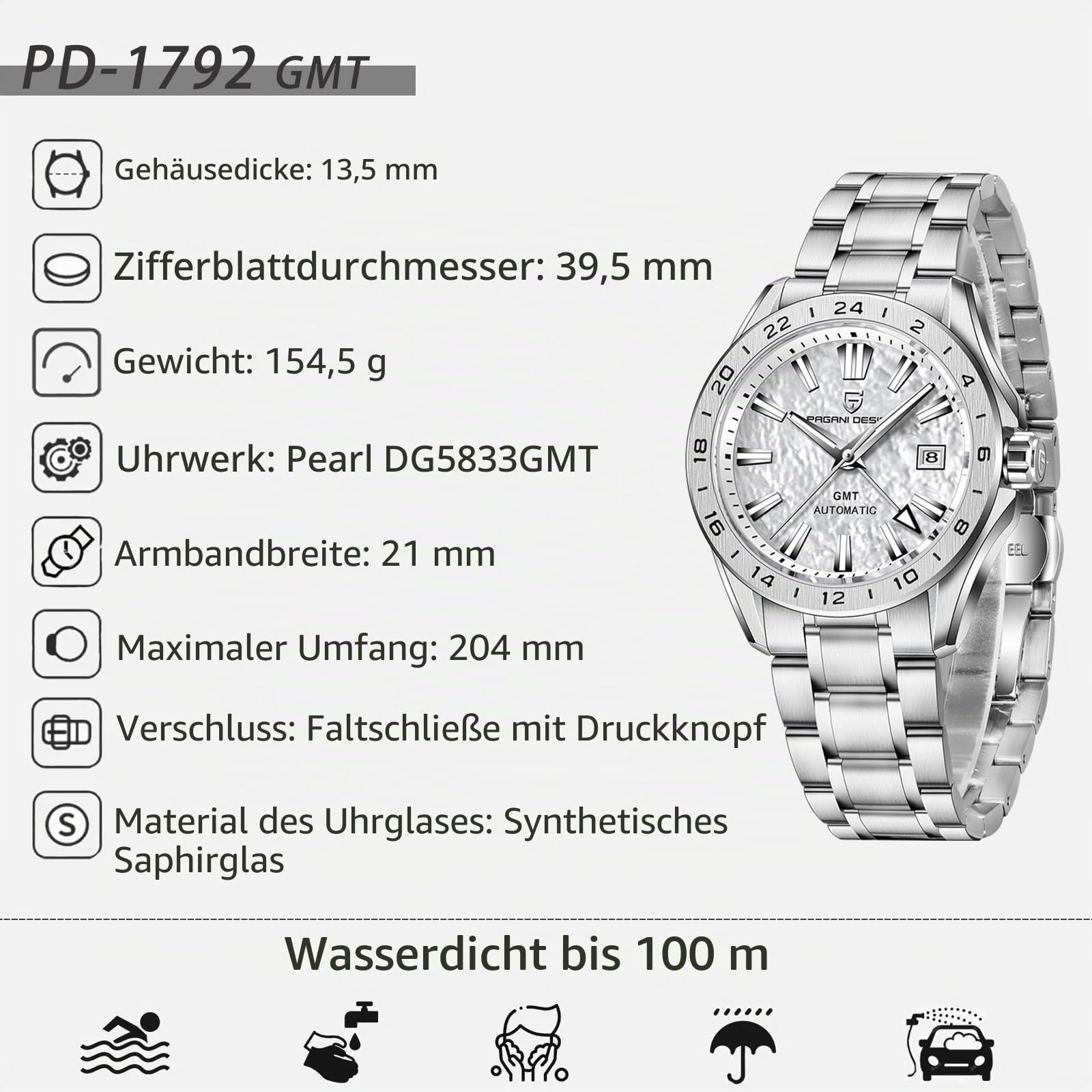 Pagani Design Herren GMT Automatikuhr Mechanisch Saphirglas Feste Lünette 100 Meter Wasserdicht Edelstahl Leuchtende Sport Herrenuhr