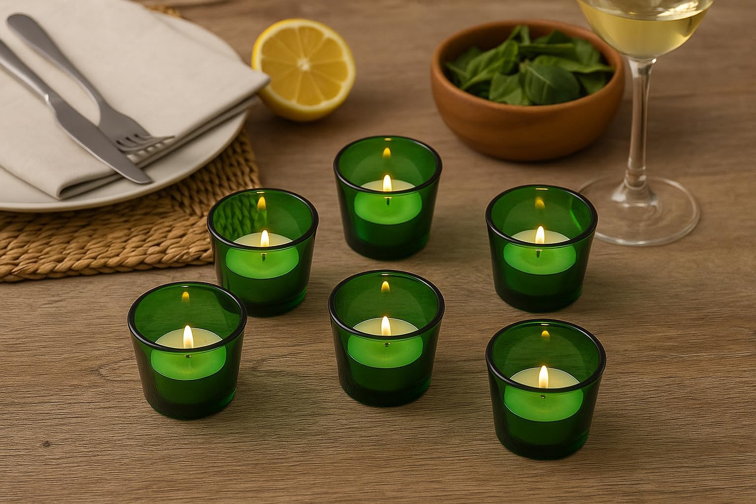 Pure Source India Green Glass Votive Candle Holders, Tealight Candle Holder for Wedding Home Table Centrepiece Decorations (6pcs)