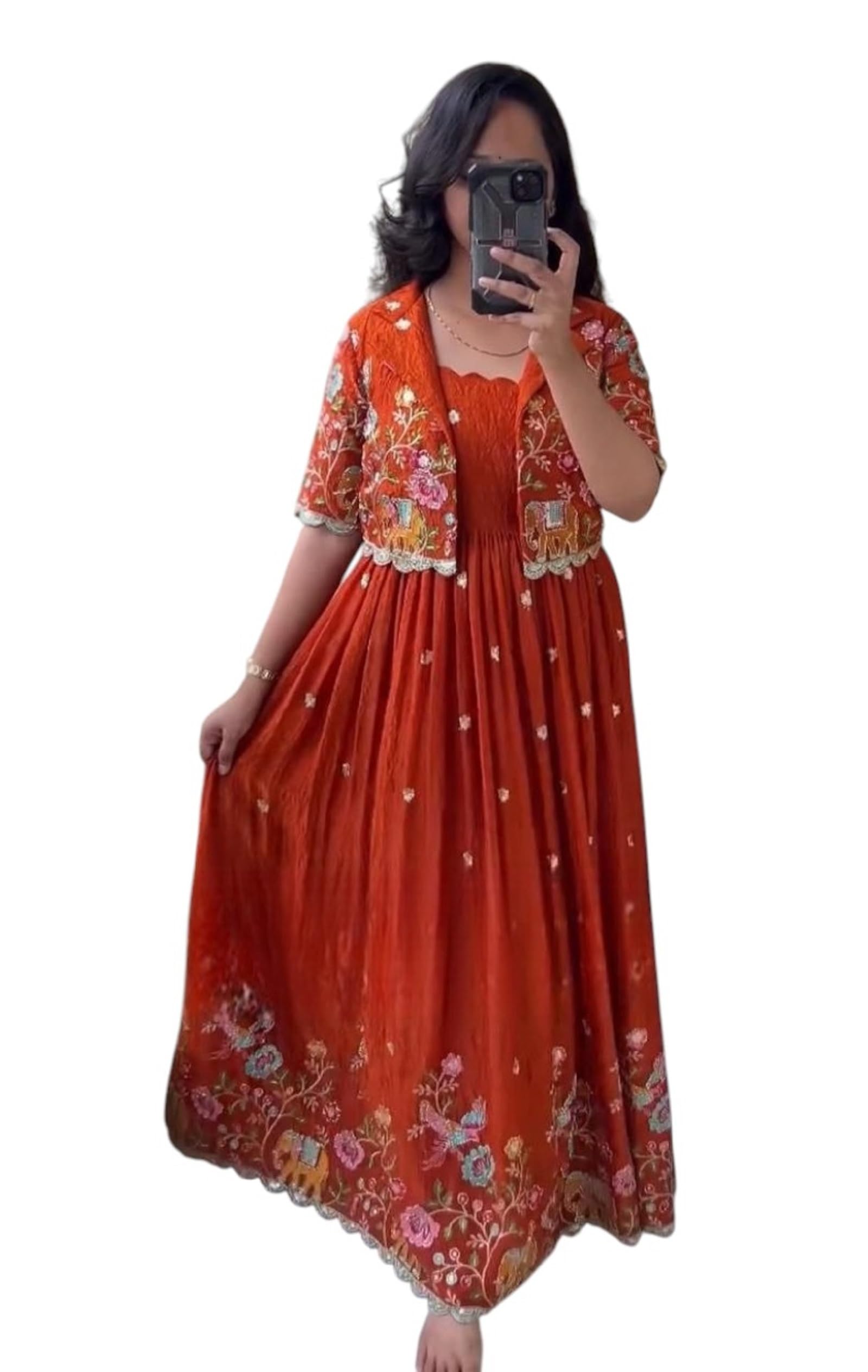 Women's Hevay Crepe Silk Embroidered Sequence Work Designer Gown with koti-image-46