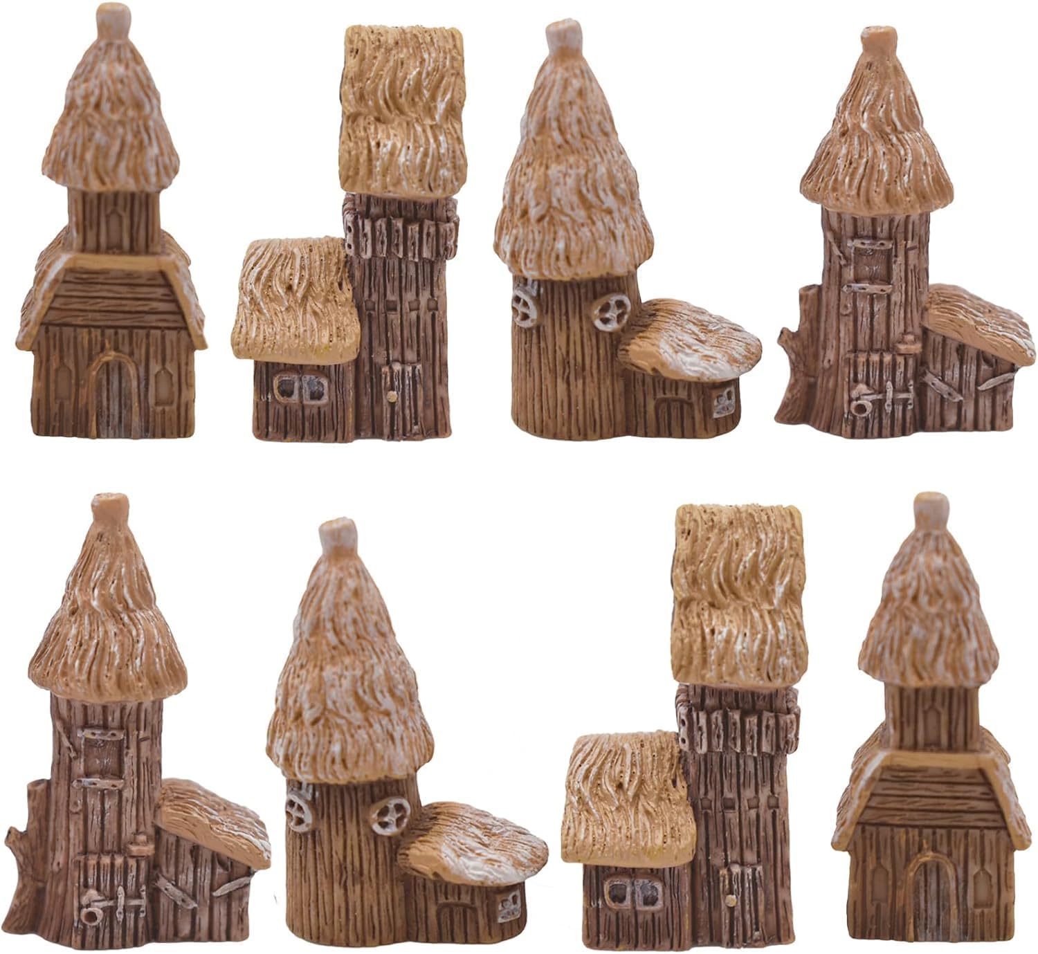 NimbusNote 8Pcs Miniature Thatched Wooden House Figurines Mini Resin Fairy Garden Village Cottage Hut Figures for DIY Dollhouse Bonsai Terrarium Micro Landscape Decor